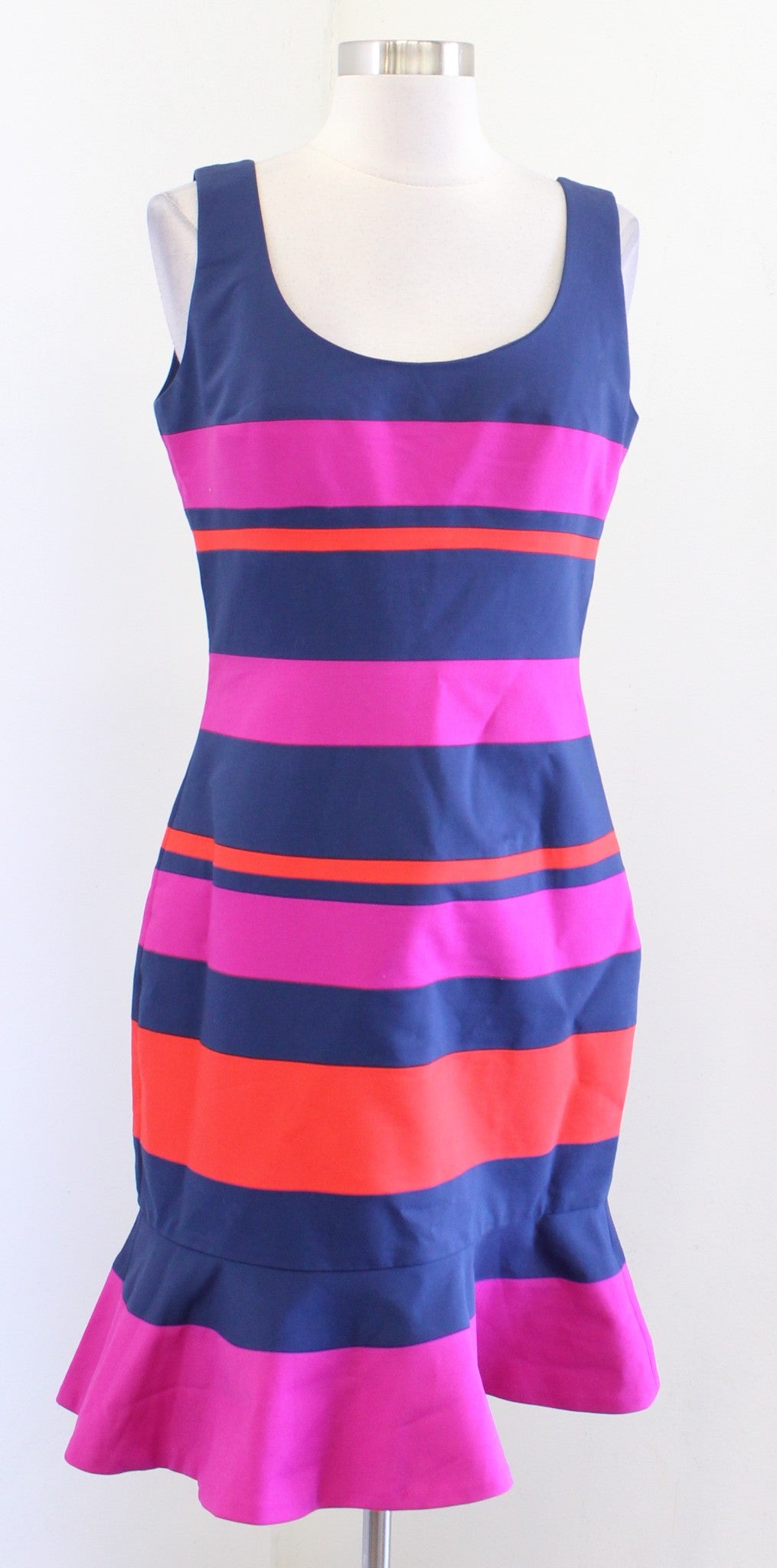 Belle Badgley Mischka Bright Striped Ruffle Flounce Hem Sheath Dress Size 6 Navy