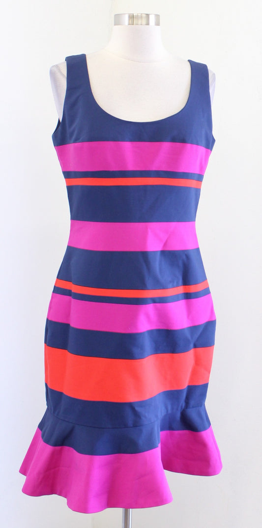 Belle Badgley Mischka Bright Striped Ruffle Flounce Hem Sheath Dress Size 6 Navy