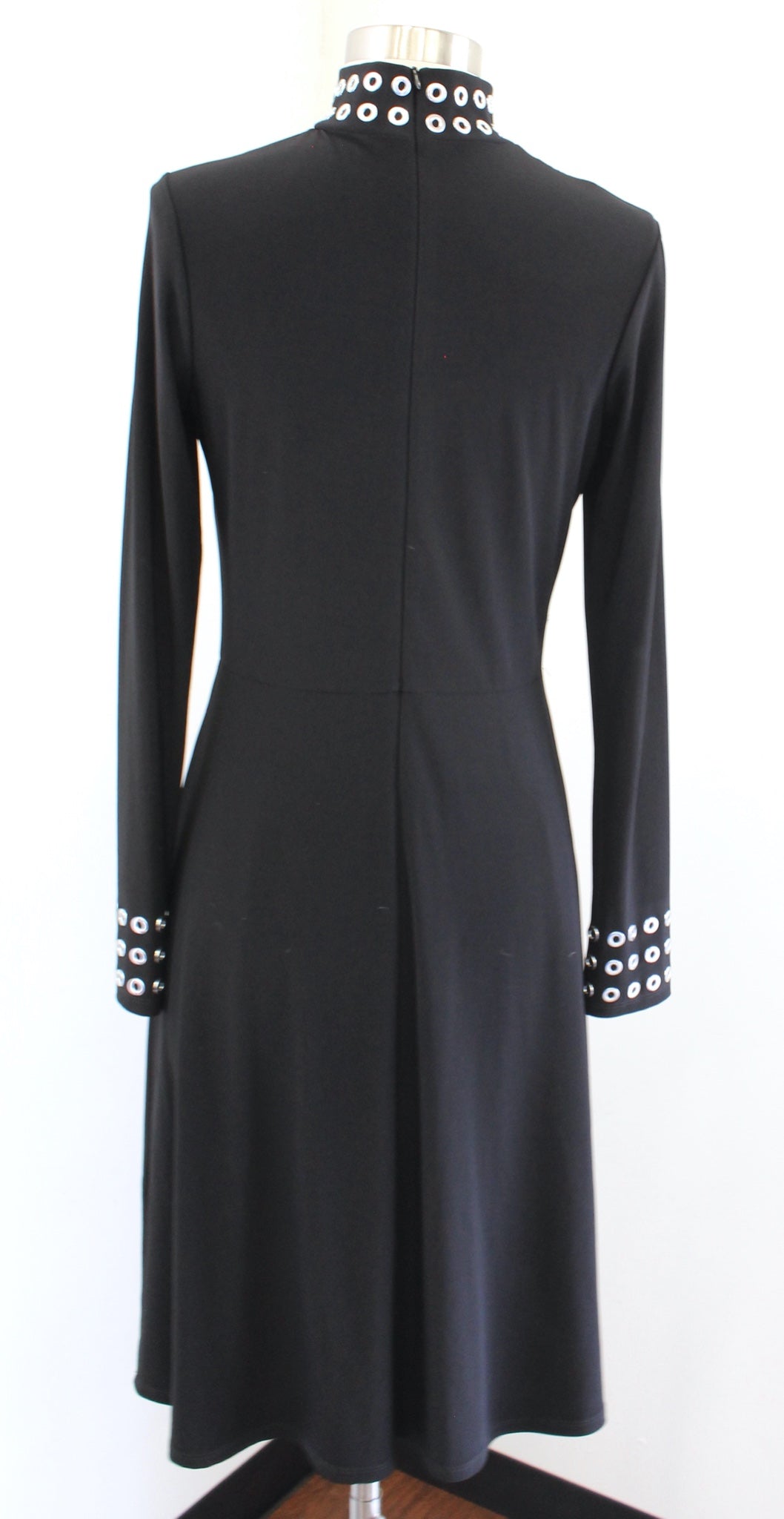 Joseph Ribkoff Solid Black Jersey Knit Silver Grommet Mock Neck Dress Size 4