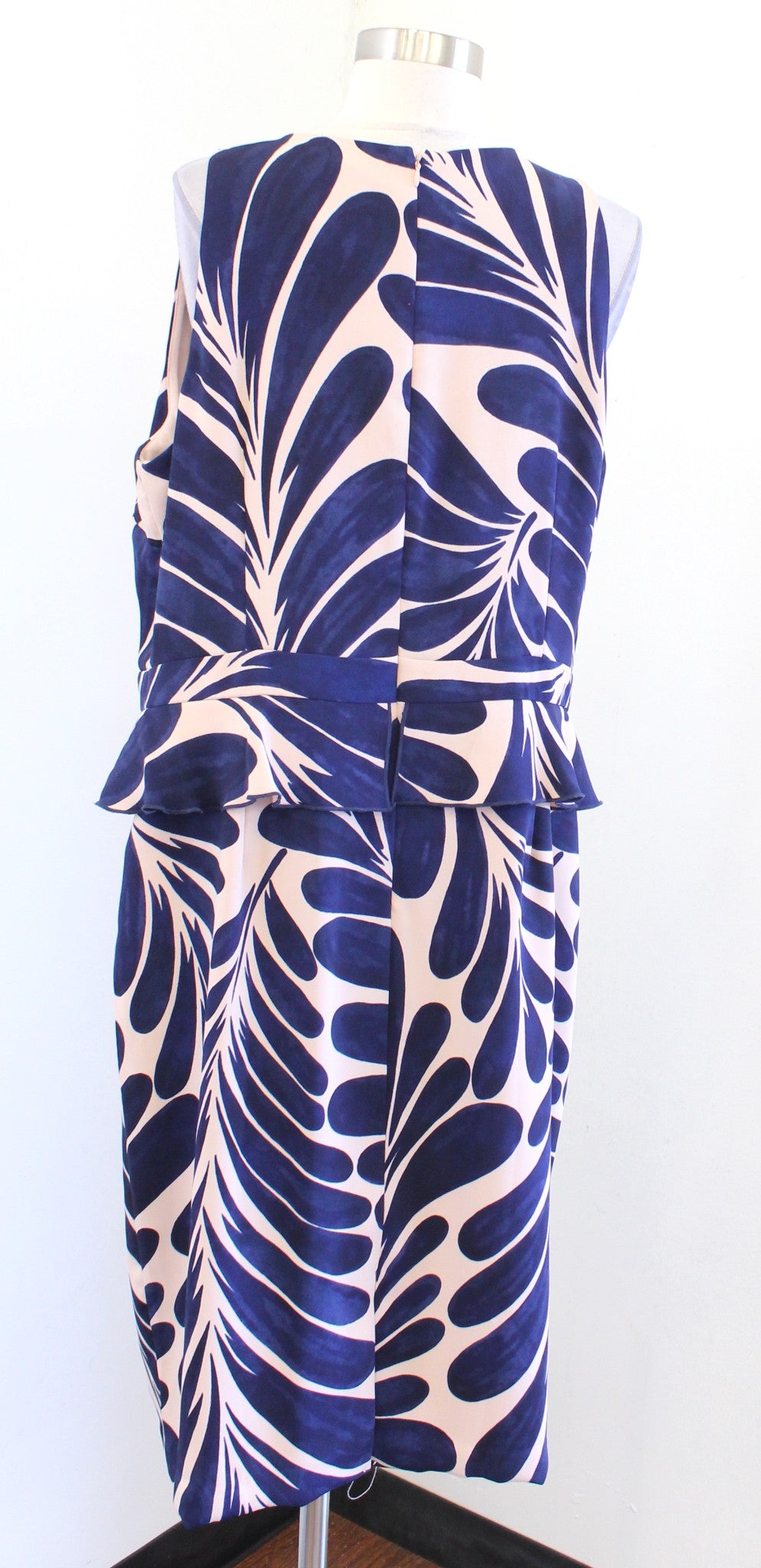 NWT Ann Taylor Leaf Floral Ruffle Peplum Sheath Dress Size 16 Career Navy Blue