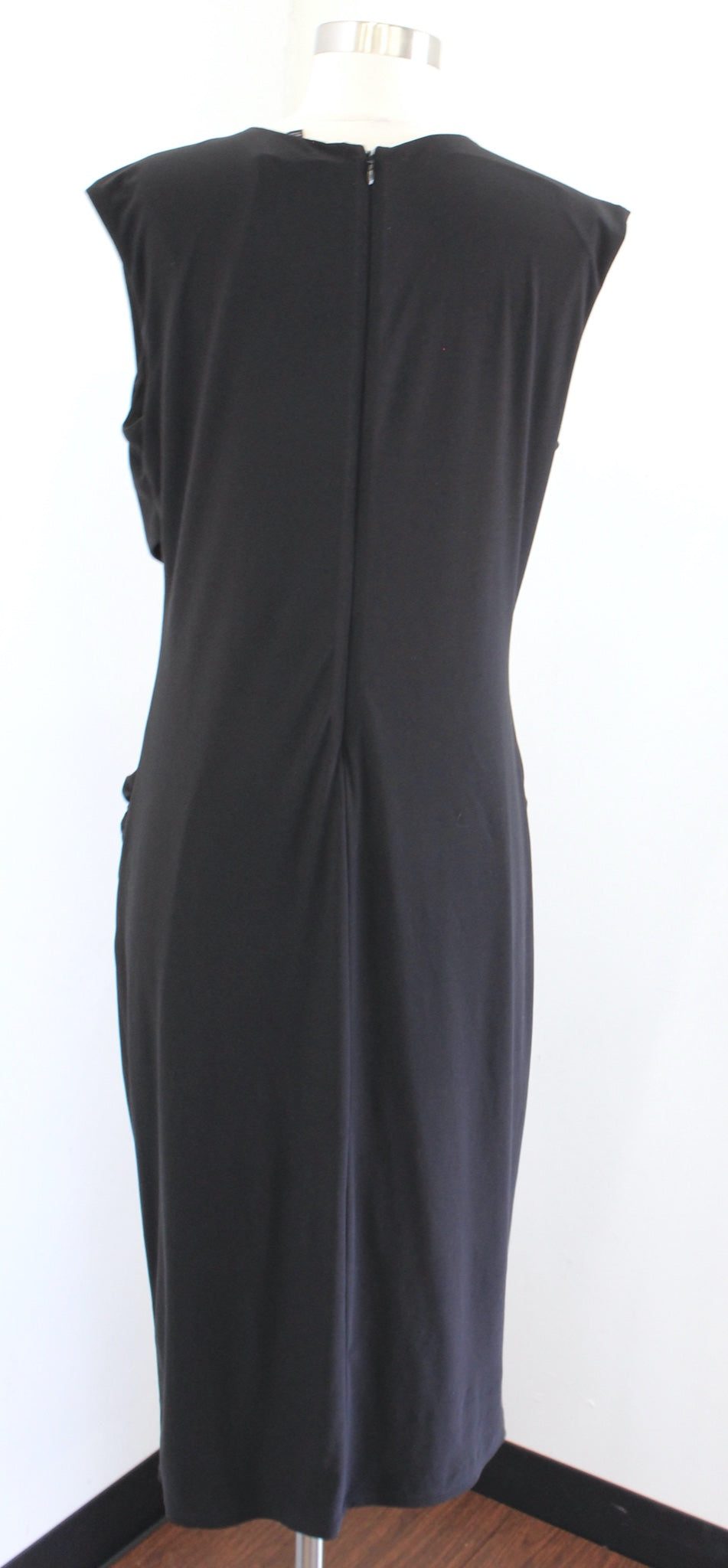 White House Black Market Solid Black Matte Jersey Ruched Midi Dress Draped Sz M