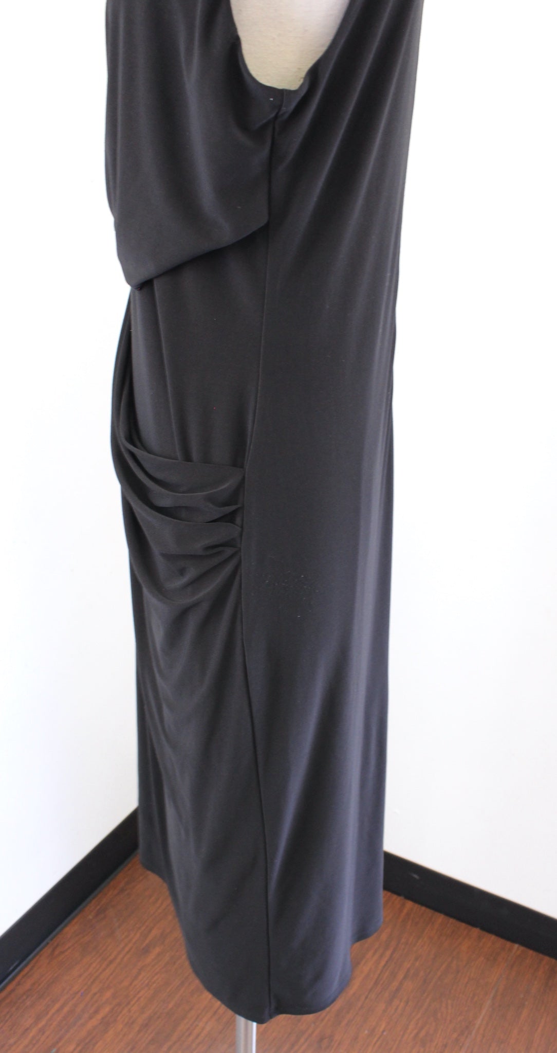 White House Black Market Solid Black Matte Jersey Ruched Midi Dress Draped Sz M