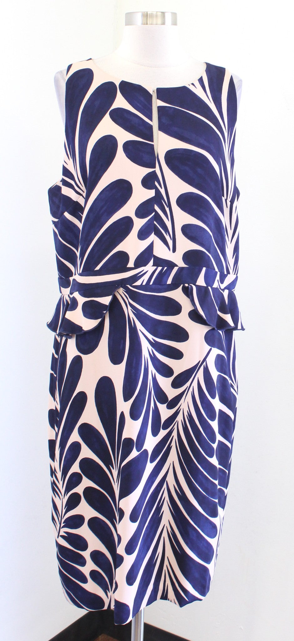 NWT Ann Taylor Leaf Floral Ruffle Peplum Sheath Dress Size 16 Career Navy Blue
