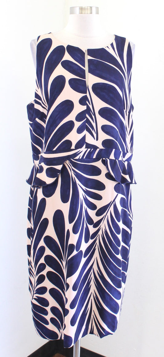 NWT Ann Taylor Leaf Floral Ruffle Peplum Sheath Dress Size 16 Career Navy Blue