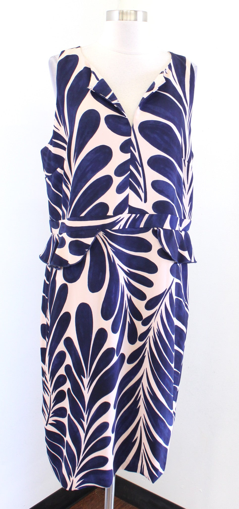 NWT Ann Taylor Leaf Floral Ruffle Peplum Sheath Dress Size 16 Career Navy Blue