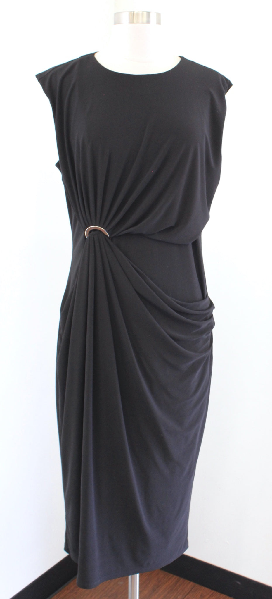 White House Black Market Solid Black Matte Jersey Ruched Midi Dress Draped Sz M