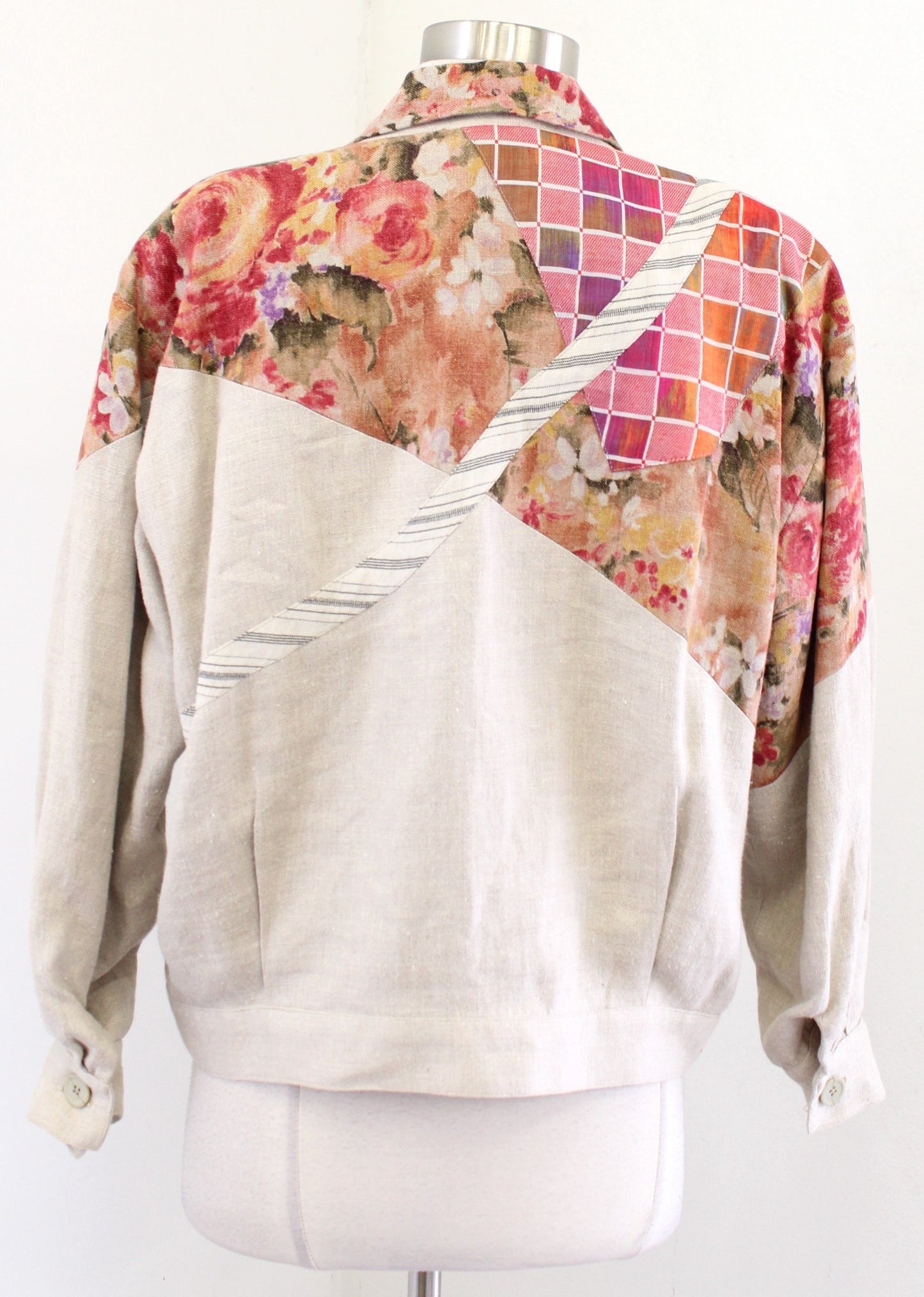 Vtg 90s Canvasbacks Neutral Sand Linen Blend Color Block Floral Jacket Size M