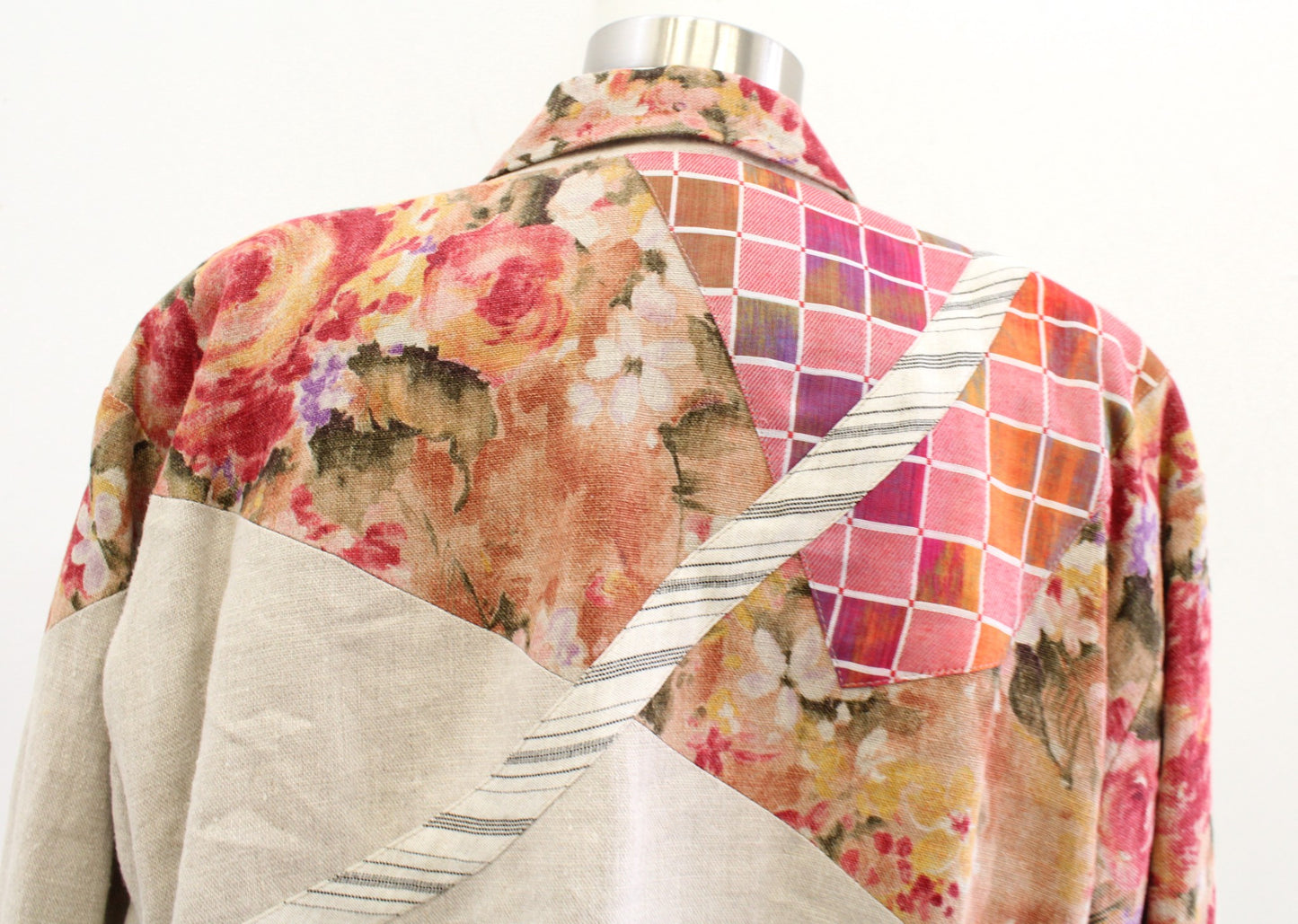 Vtg 90s Canvasbacks Neutral Sand Linen Blend Color Block Floral Jacket Size M