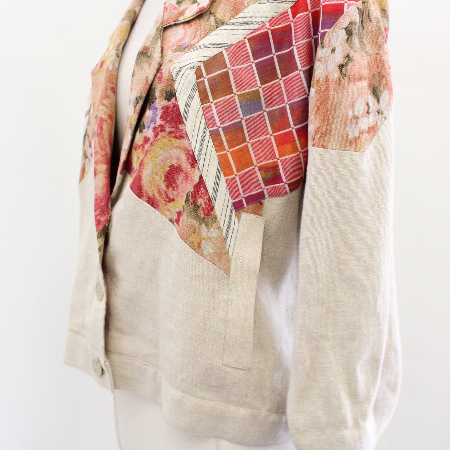 Vtg 90s Canvasbacks Neutral Sand Linen Blend Color Block Floral Jacket Size M