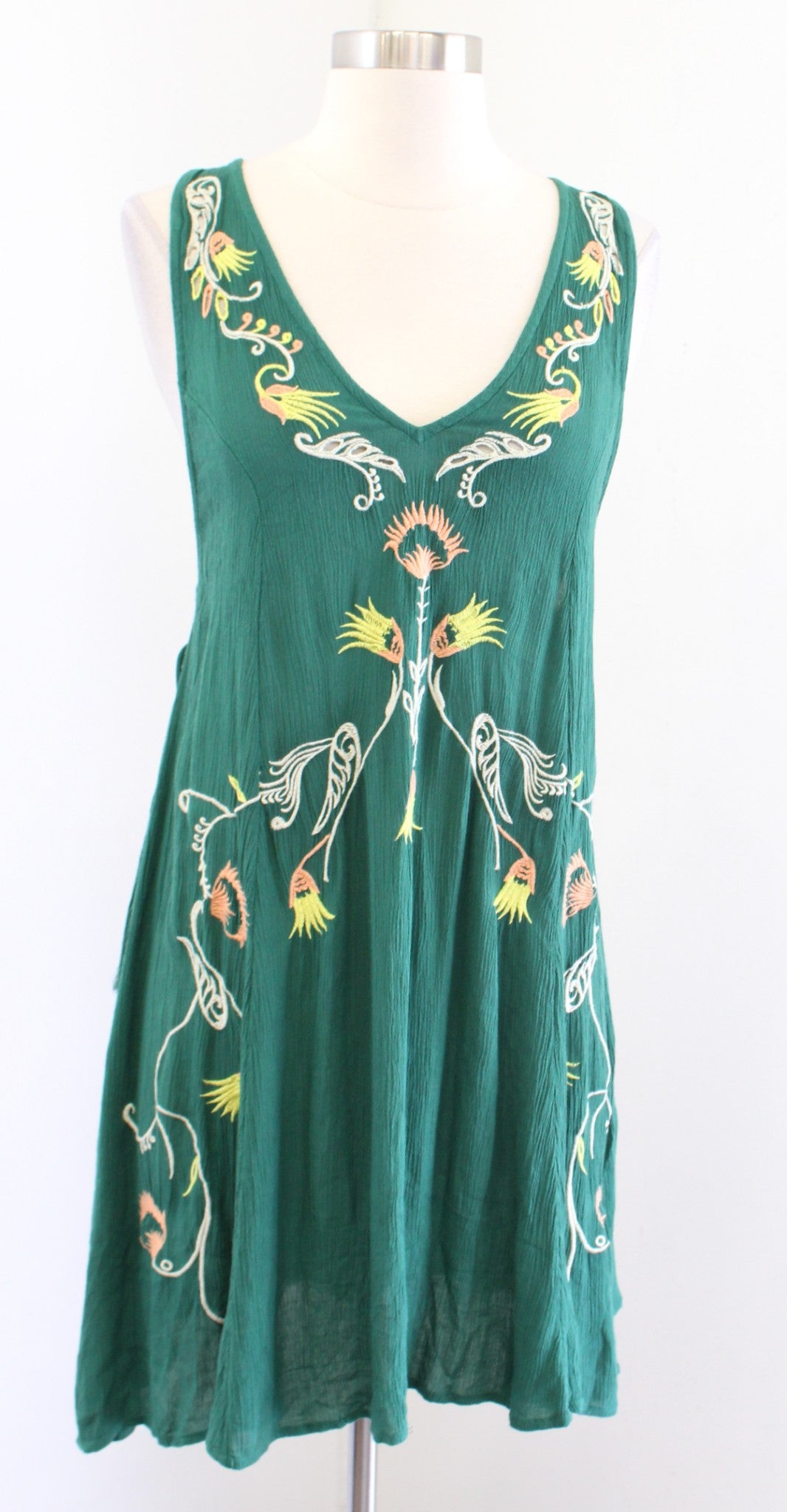 Free People Adelaide Green Floral Embroidered Tunic / Mini Dress Size S Boho