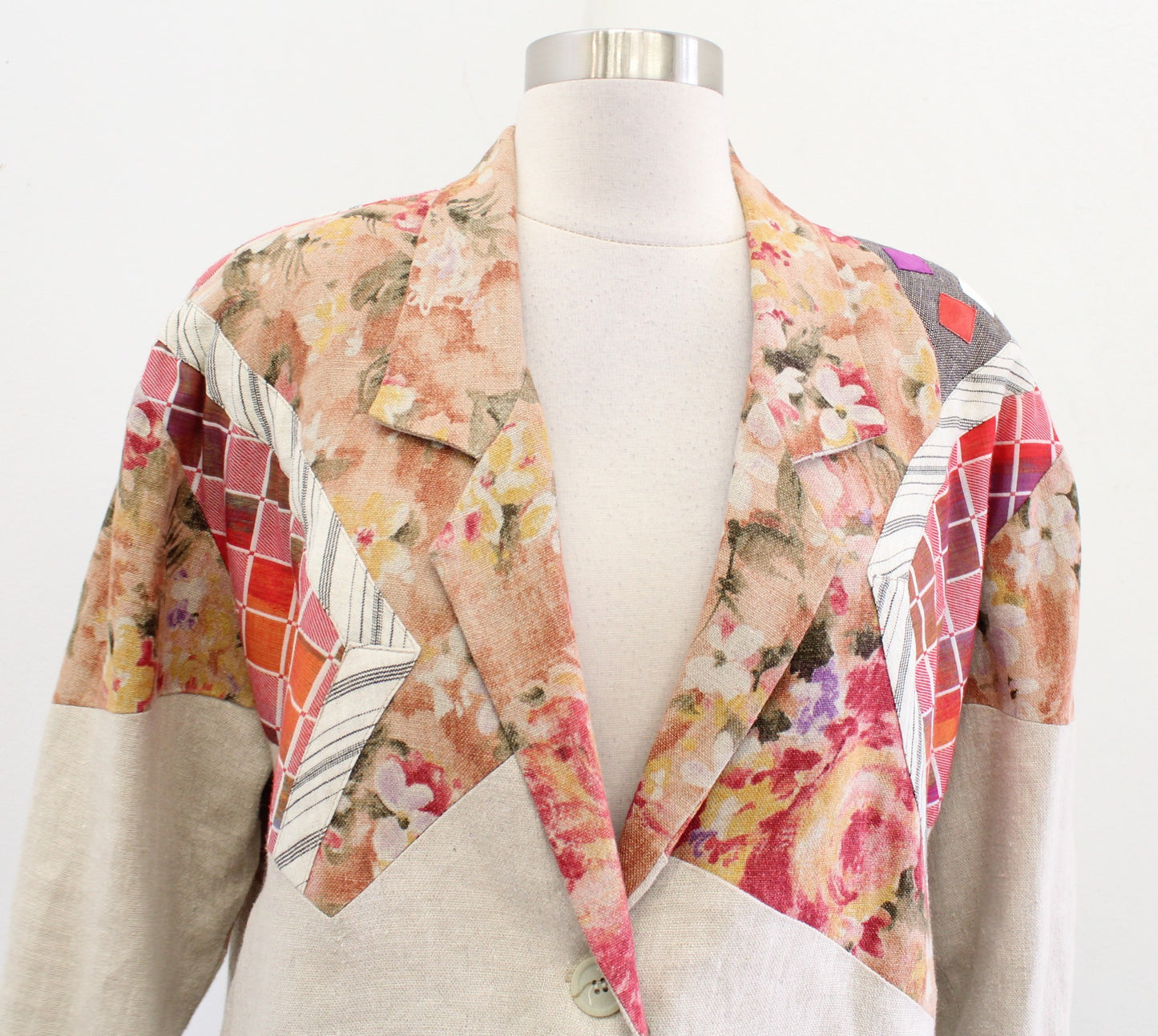Vtg 90s Canvasbacks Neutral Sand Linen Blend Color Block Floral Jacket Size M