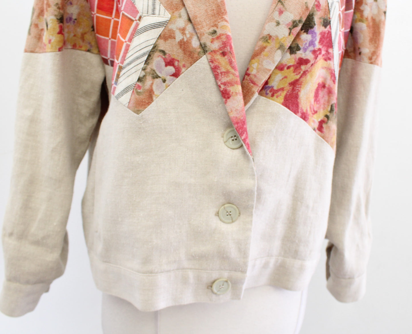 Vtg 90s Canvasbacks Neutral Sand Linen Blend Color Block Floral Jacket Size M