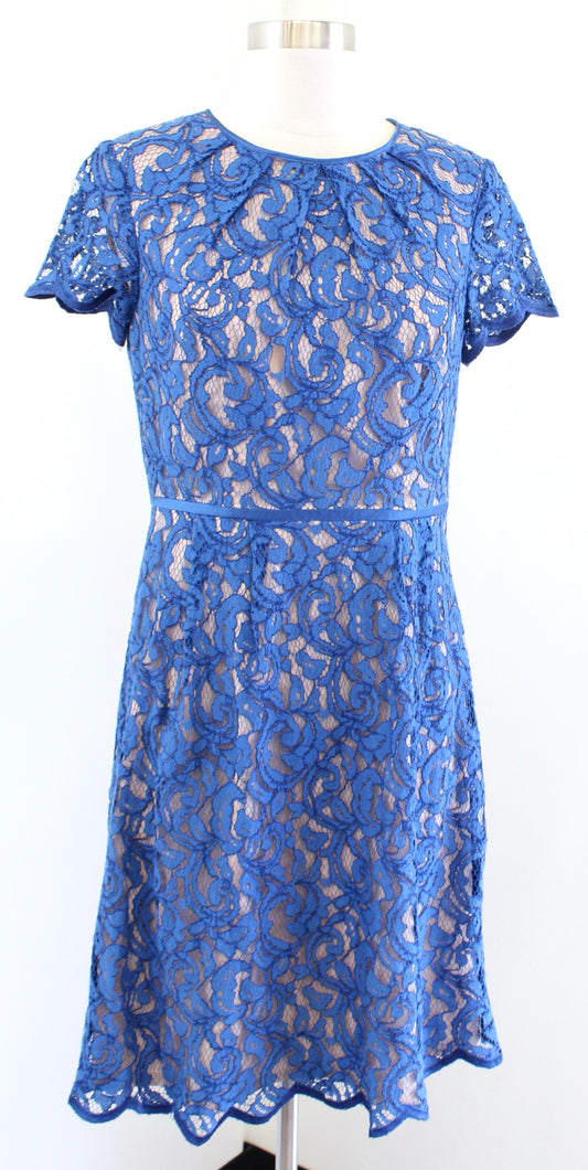 Adrianna Papell Blue Lace Illusion Short Sleeve Fit Flare Cocktail Party Dress 6