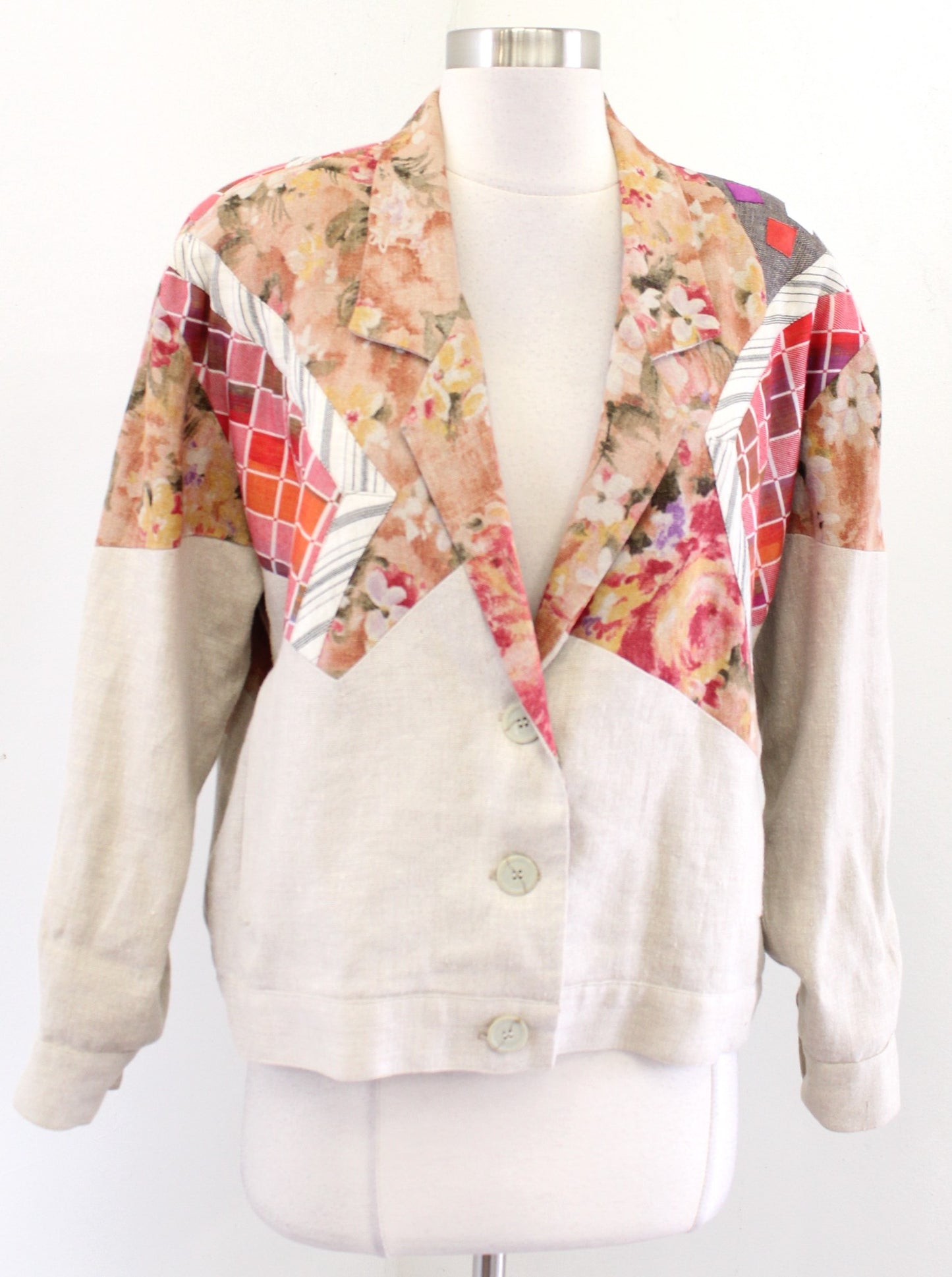 Vtg 90s Canvasbacks Neutral Sand Linen Blend Color Block Floral Jacket Size M