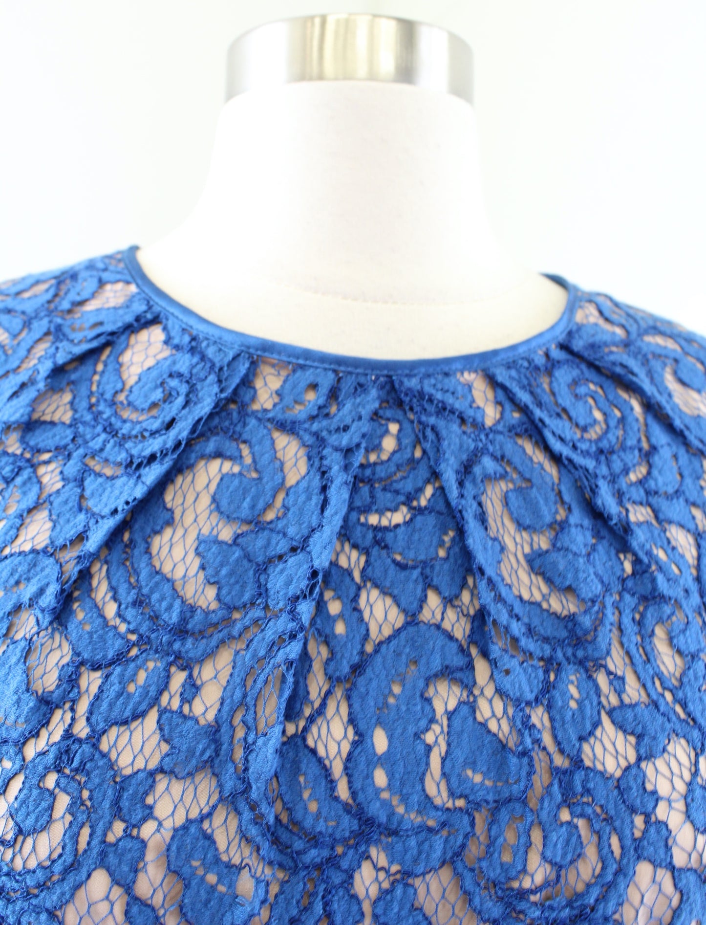 Adrianna Papell Blue Lace Illusion Short Sleeve Fit Flare Cocktail Party Dress 6