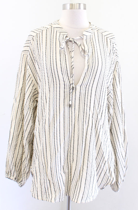 Free People Rhythm of the Night Ivory Striped Tie Neck Tunic Top Blouse Size XS Long Sleeve