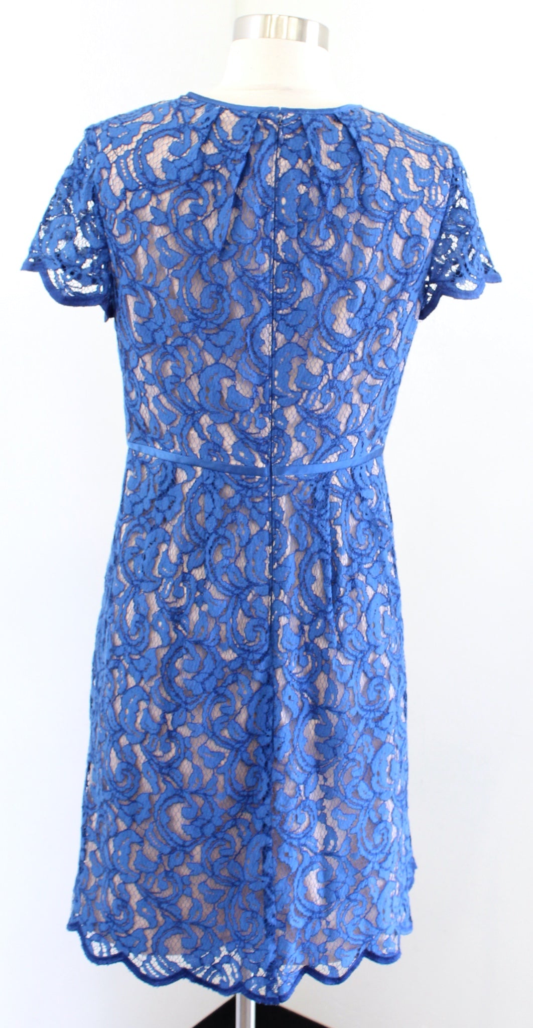 Adrianna Papell Blue Lace Illusion Short Sleeve Fit Flare Cocktail Party Dress 6