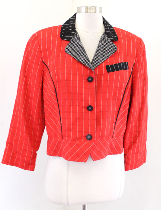 Vtg Canvasbacks Red Black Plaid Color Block Cropped Jacket Size 10 Retro 90s