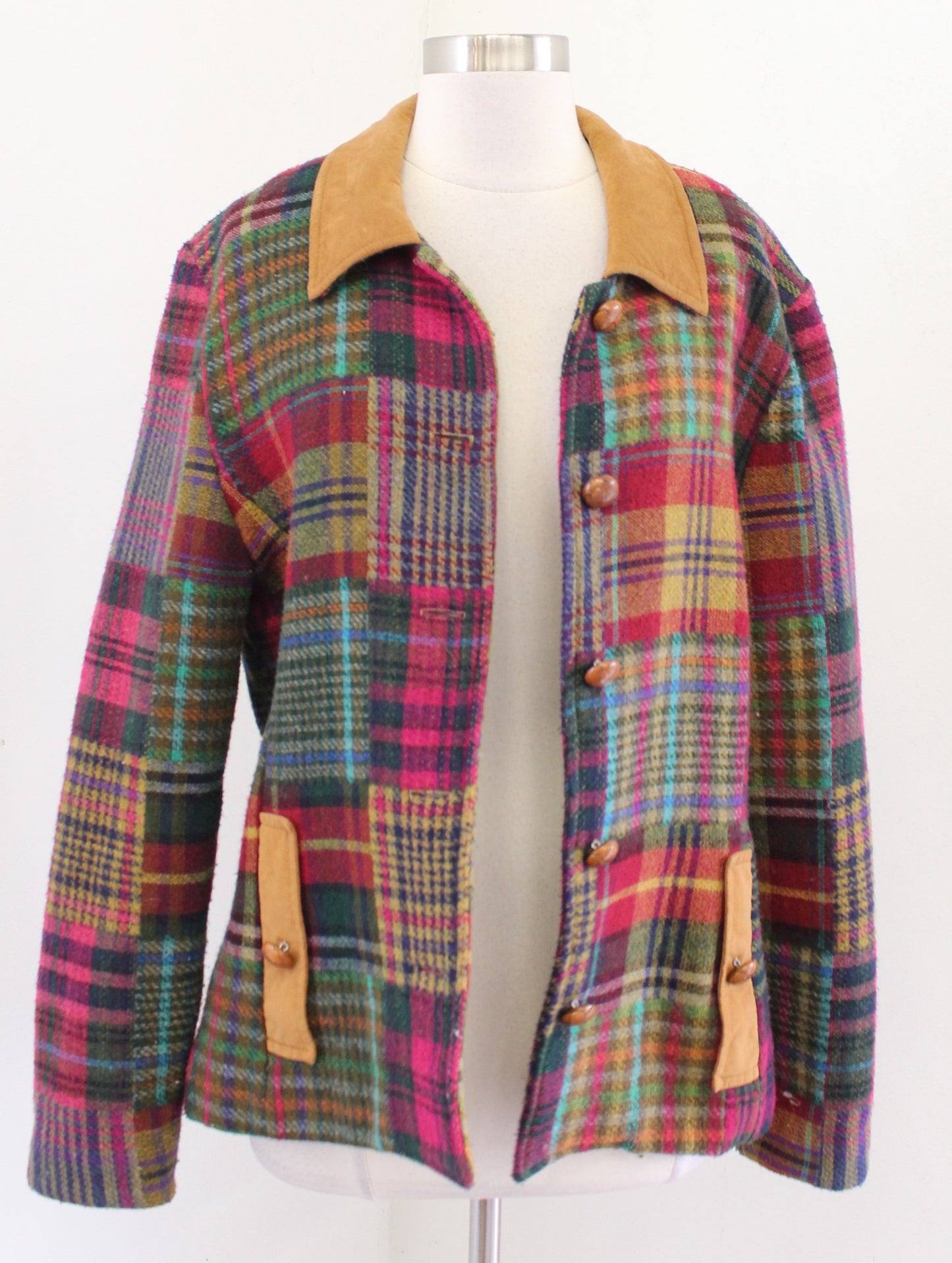 Vtg 90s Colorful Patchwork Plaid Suede Trim Wool Blend Jacket Size L Retro Boho