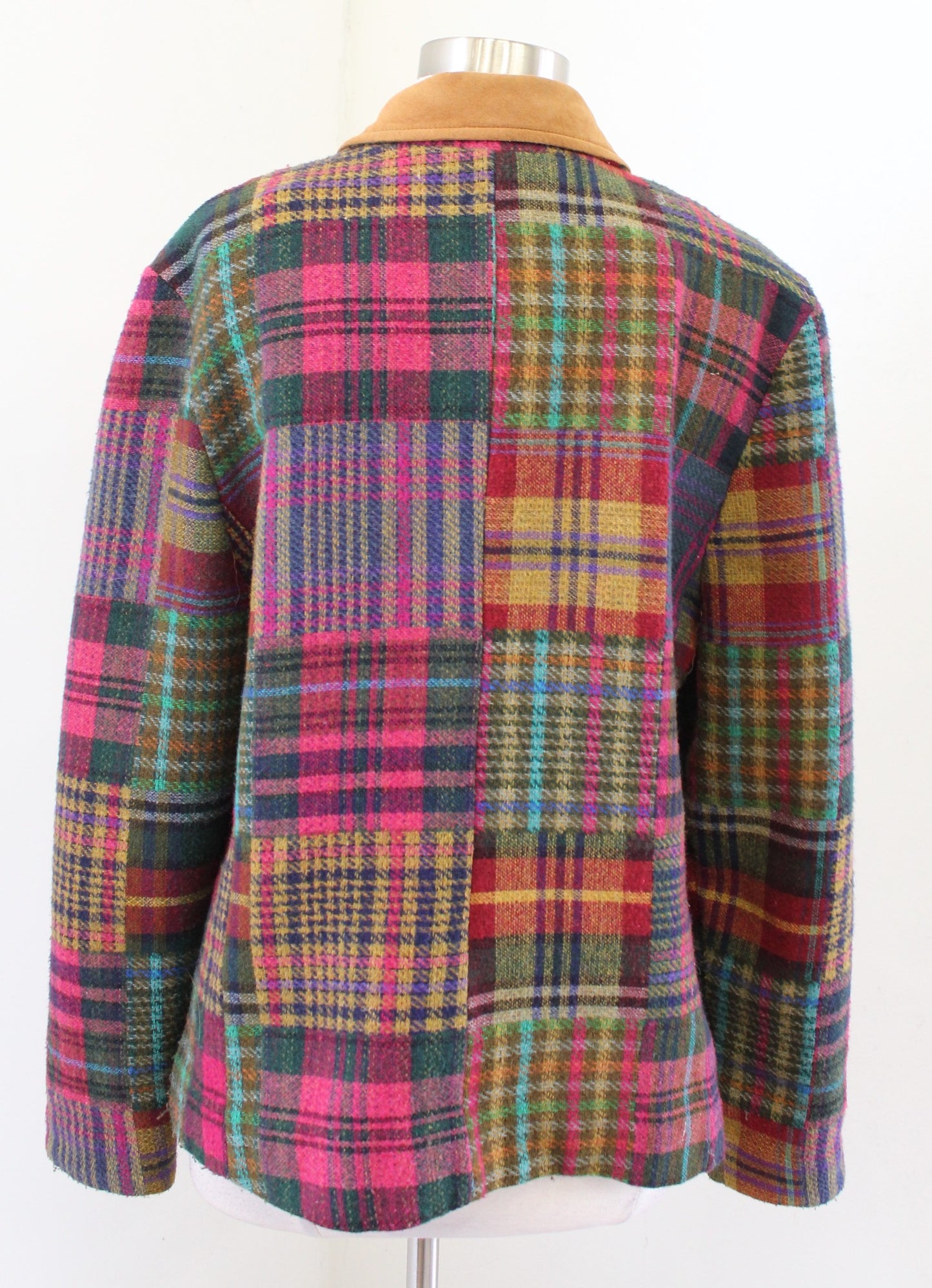 Vtg 90s Colorful Patchwork Plaid Suede Trim Wool Blend Jacket Size L Retro Boho