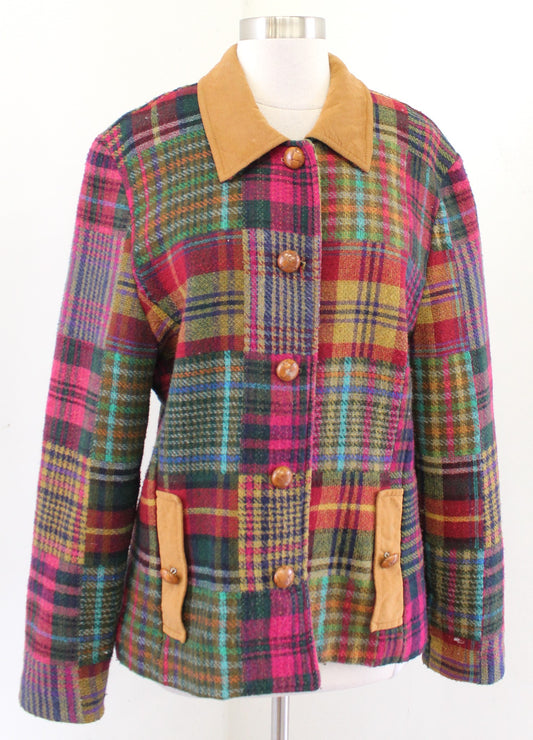 Vtg 90s Colorful Patchwork Plaid Suede Trim Wool Blend Jacket Size L Retro Boho