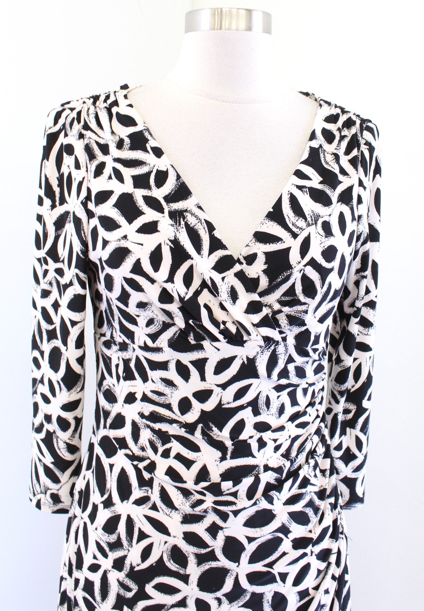 Lauren Ralph Lauren Black Off White Floral Ruched Wiggle Sheath Dress Size 4