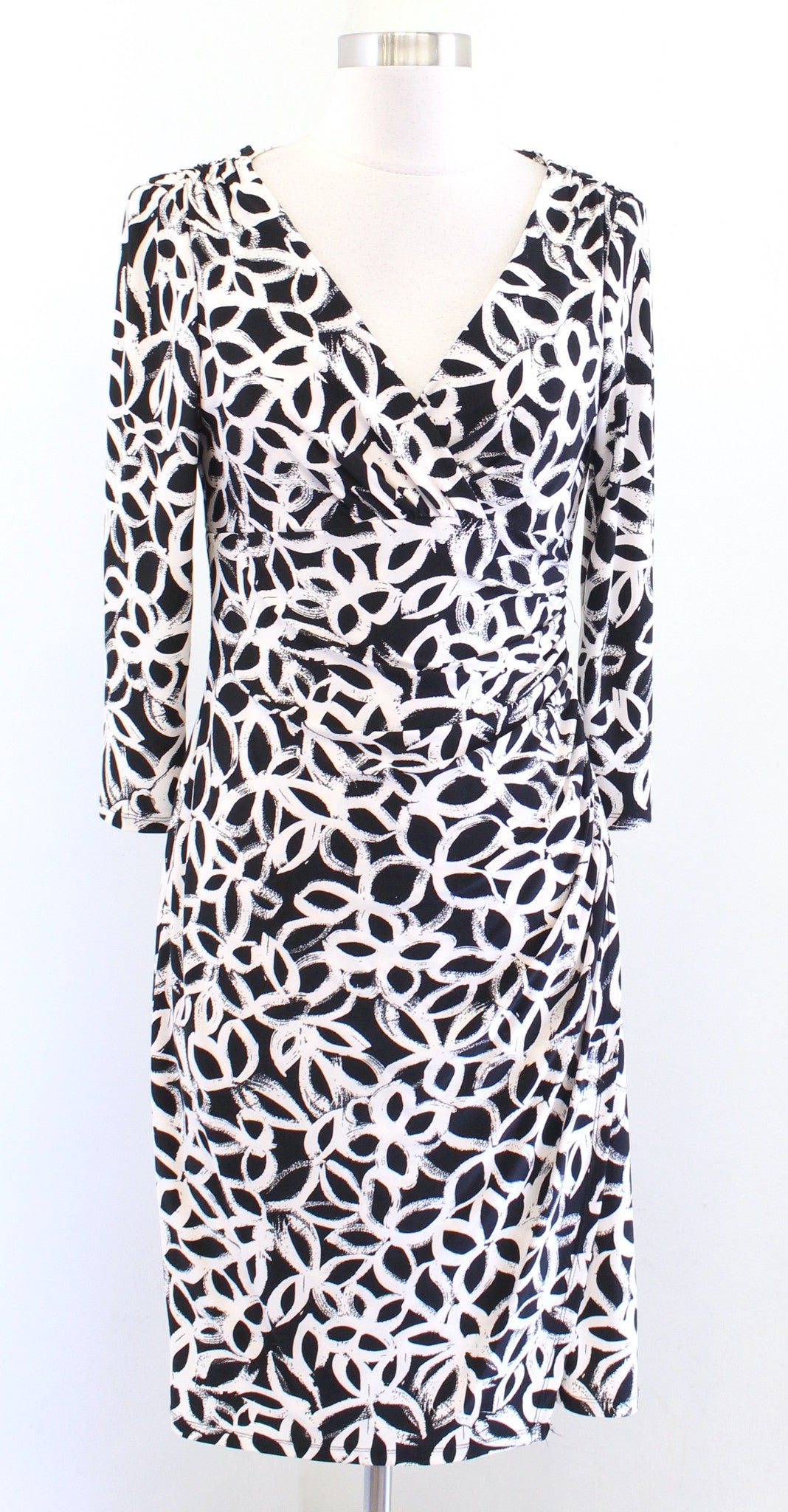 Lauren Ralph Lauren Black Off White Floral Ruched Wiggle Sheath Dress Size 4