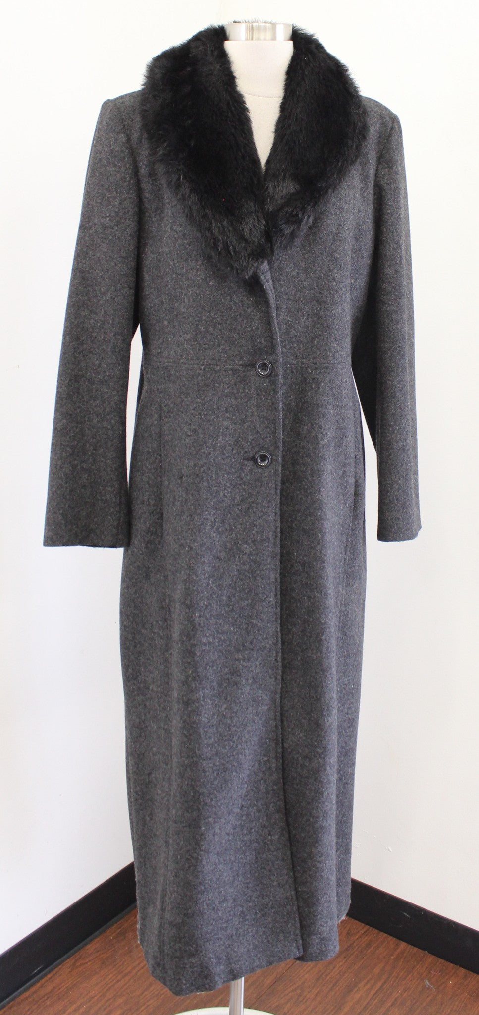 Vtg 90s Midnight Velvet Charcoal gray Black Faux Fur Wool Long Coat Size M Goth