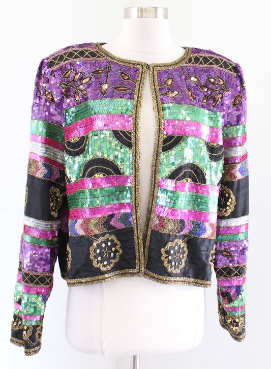 Vtg Colorful Striped Floral Silk Beaded Sequin Evening Party Jacket Size XL