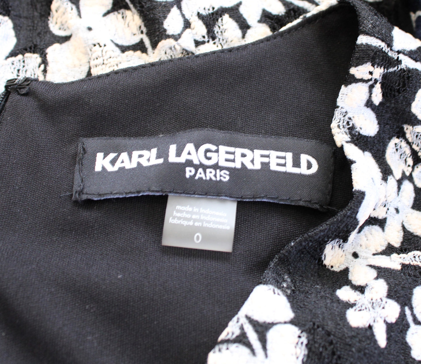 Karl Lagerfeld Black White Peach Floral Lace Ruffle Sleeve V Neck Dress Size 0