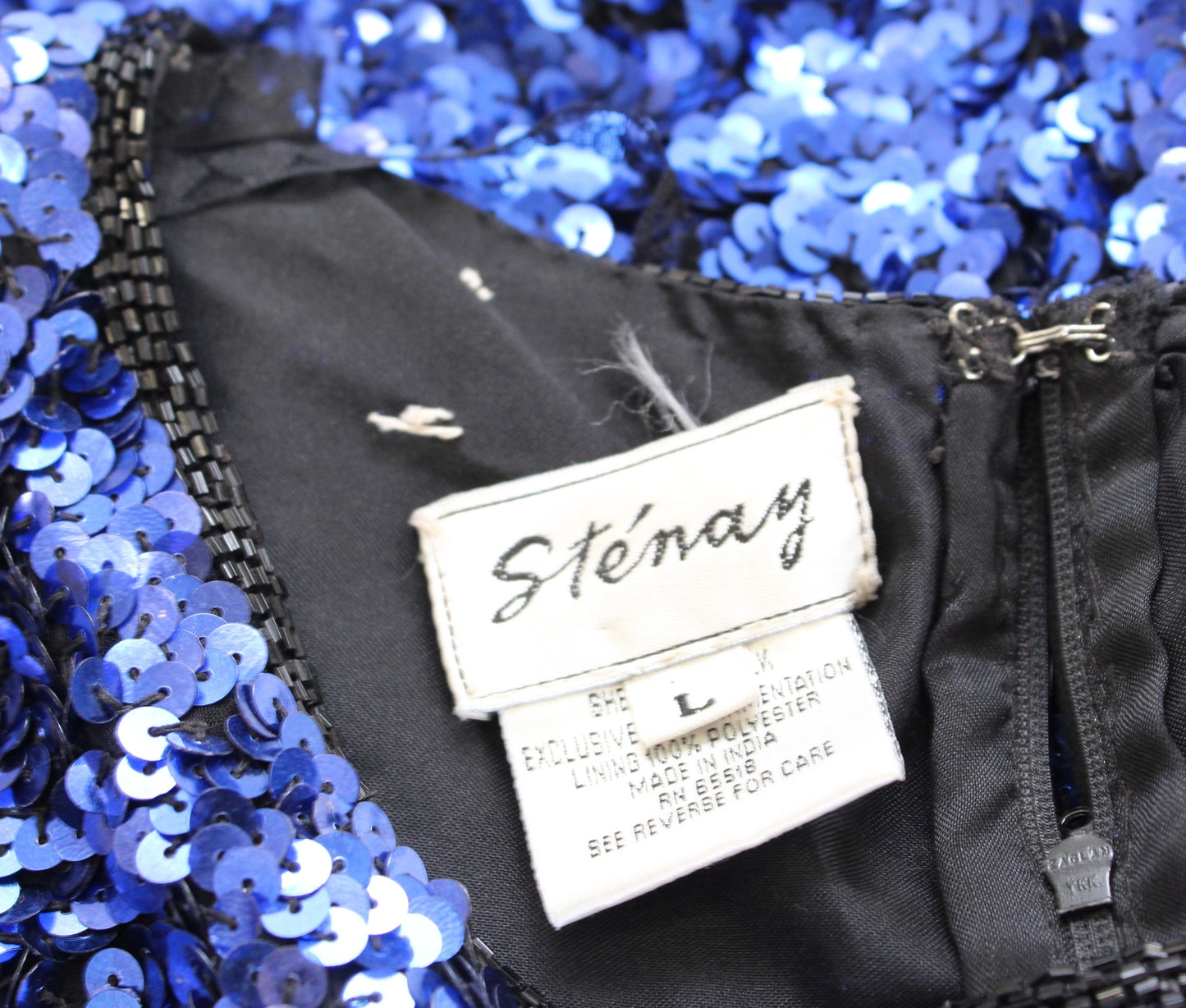 Vtg Stenay Blue Black Silk Beaded Sequin Short Sleeve Party Top Blouse Size L