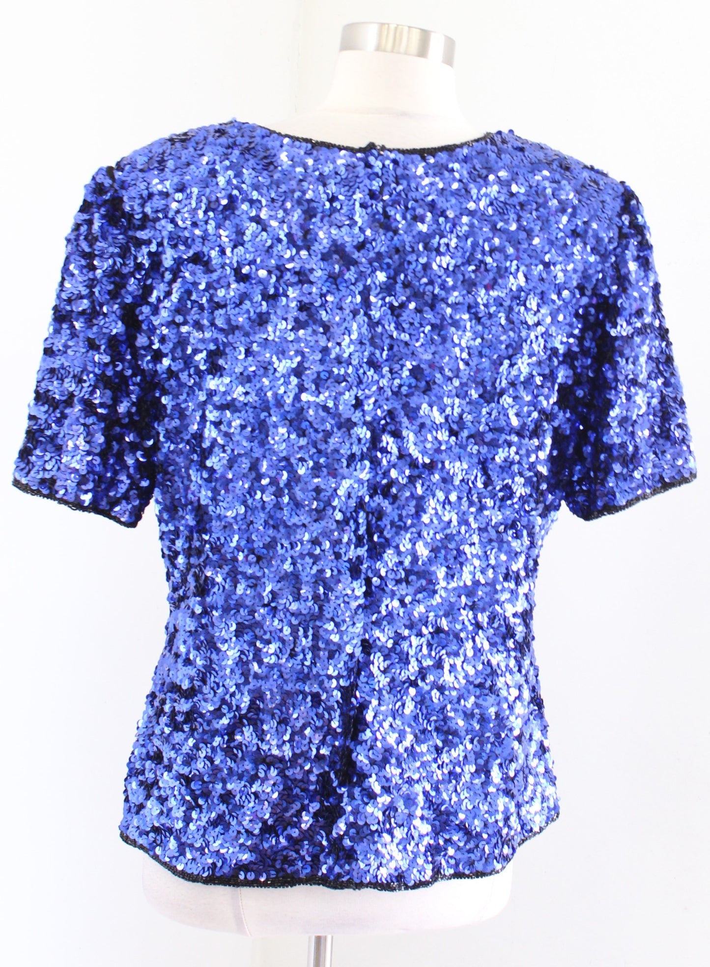 Vtg Stenay Blue Black Silk Beaded Sequin Short Sleeve Party Top Blouse Size L