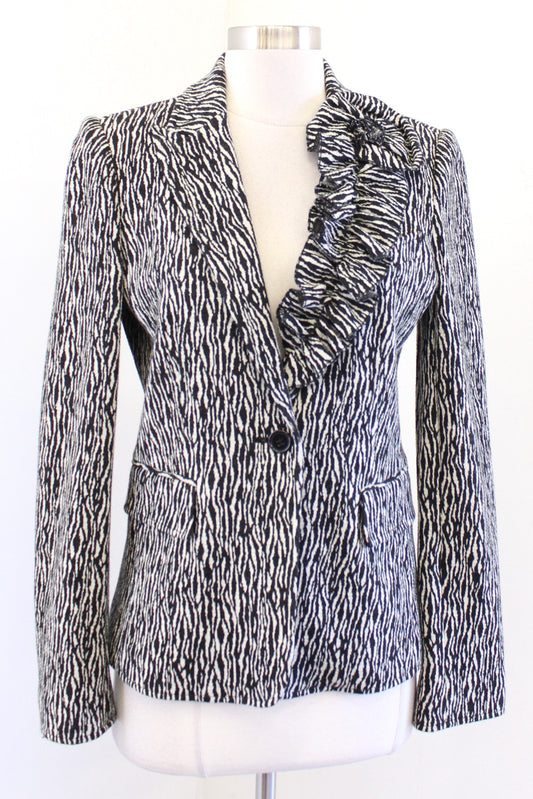 Teri Jon Black Off White Zebra Print 3D Textured Ruffle Blazer Jacket Sz 6 Wool