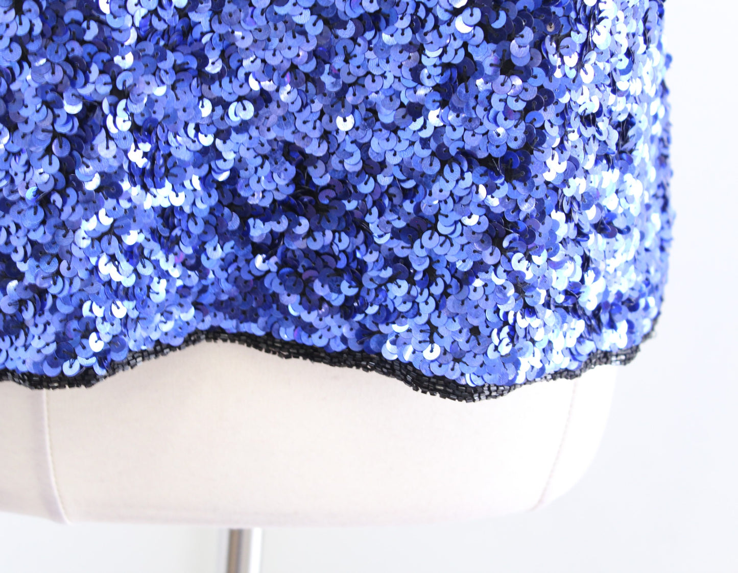 Vtg Stenay Blue Black Silk Beaded Sequin Short Sleeve Party Top Blouse Size L