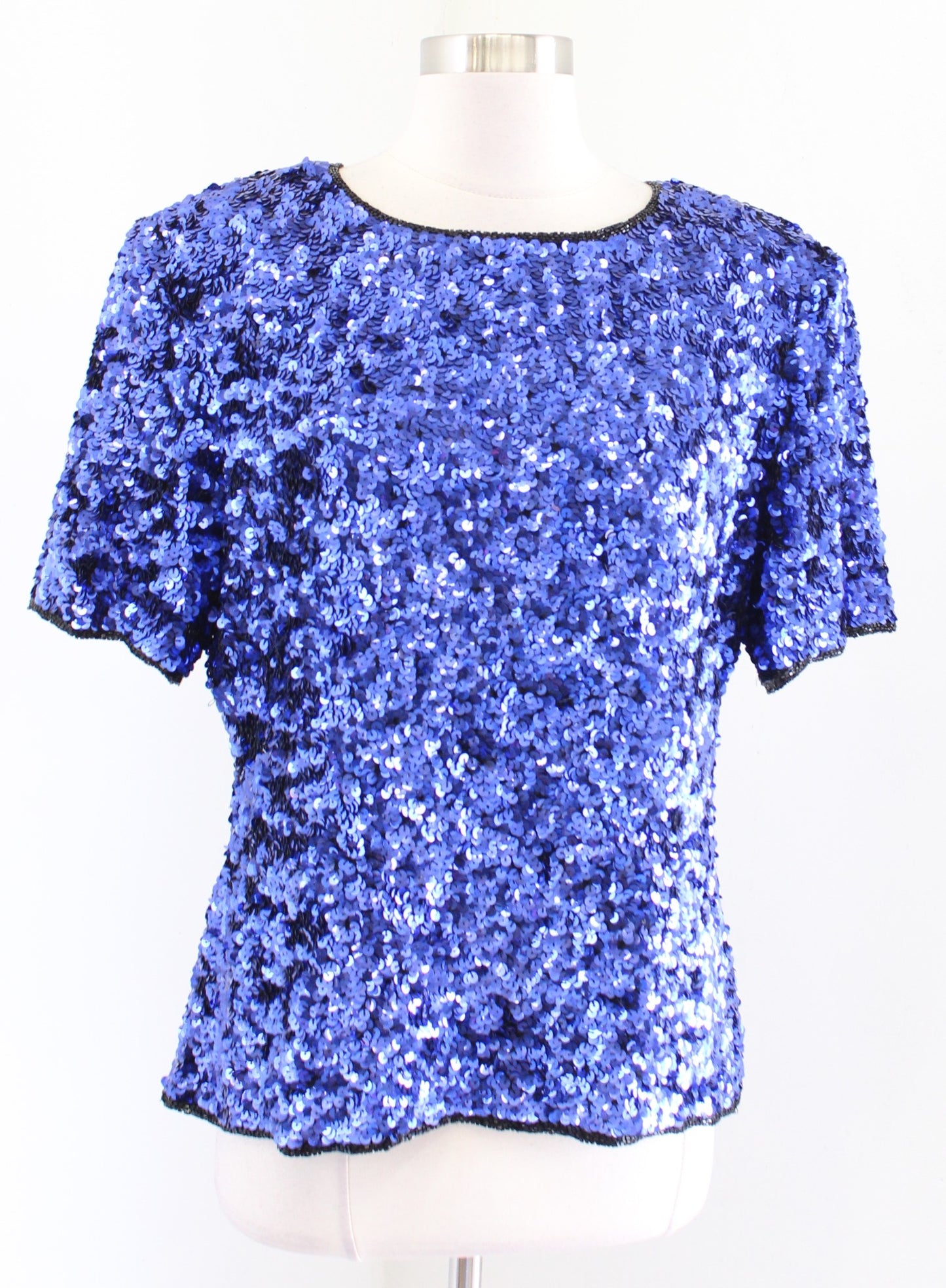 Vtg Stenay Blue Black Silk Beaded Sequin Short Sleeve Party Top Blouse Size L