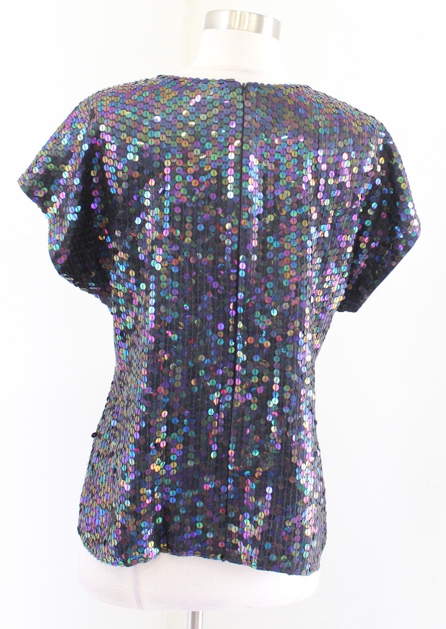 Vtg 90s Black Rainbow Iridescent Silk Sequin Short Sleeve Dolman Top Blouse Sz M