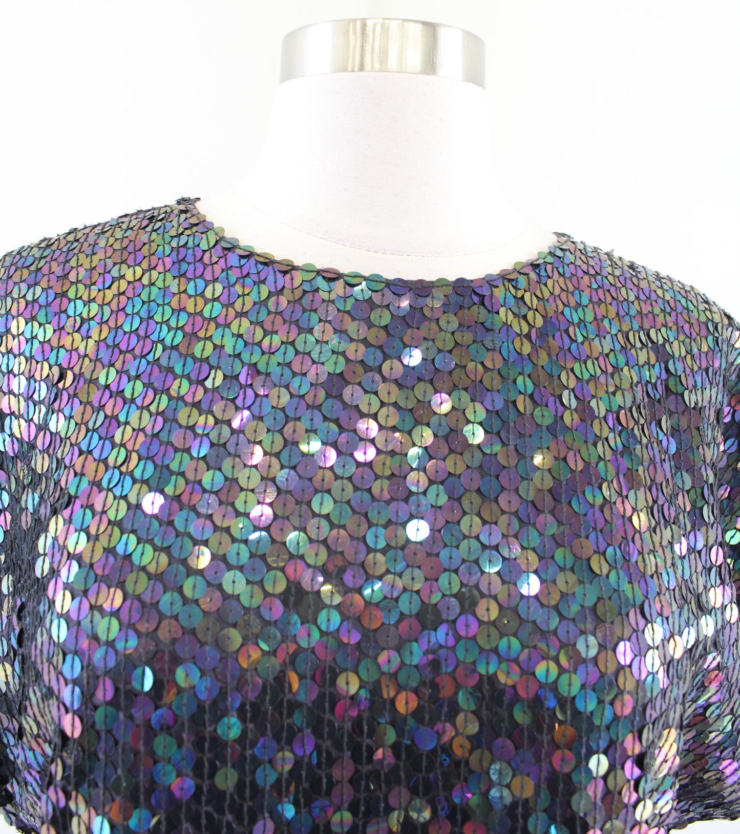 Vtg 90s Black Rainbow Iridescent Silk Sequin Short Sleeve Dolman Top Blouse Sz M