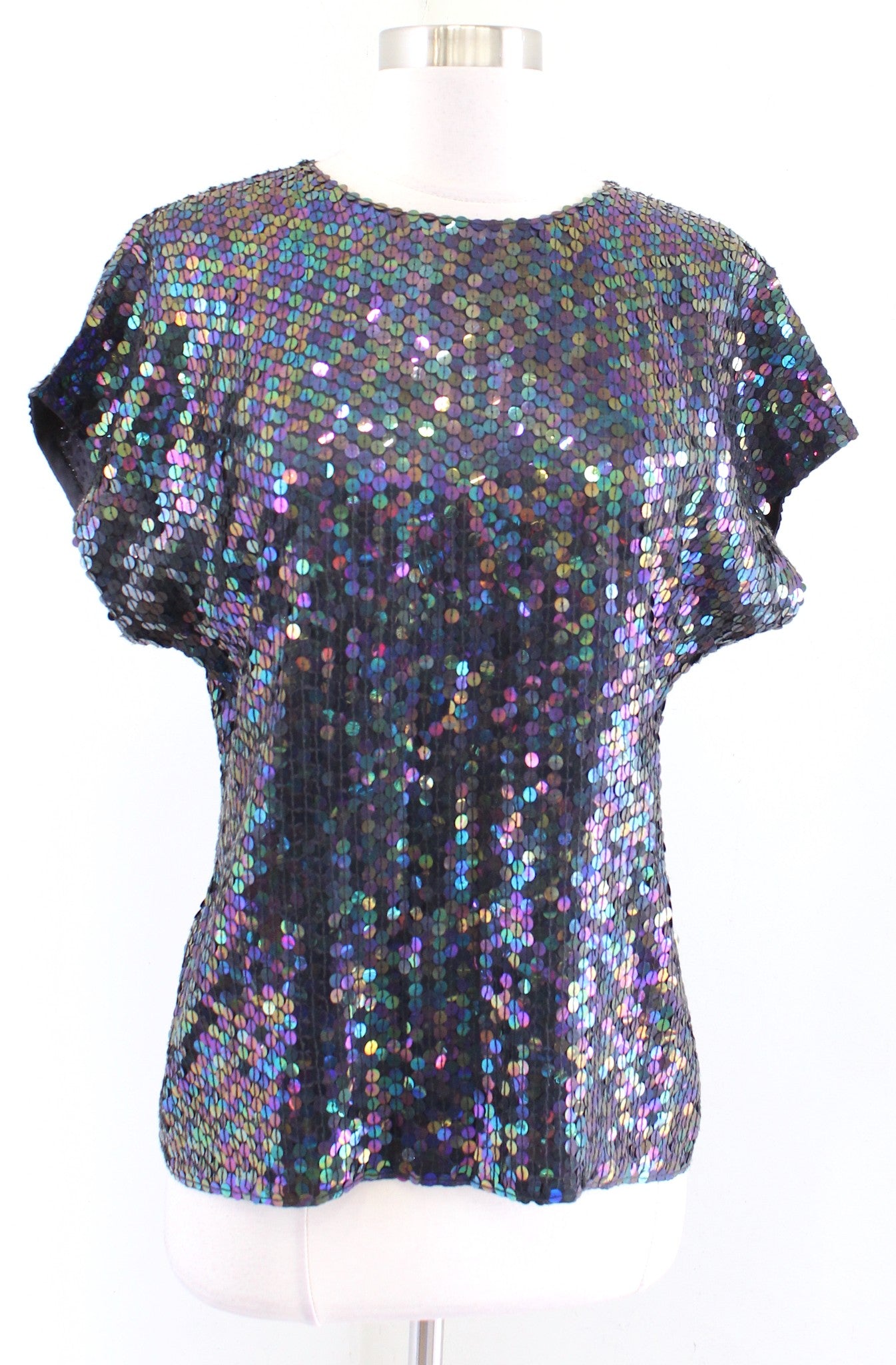 Vtg 90s Black Rainbow Iridescent Silk Sequin Short Sleeve Dolman Top Blouse Sz M