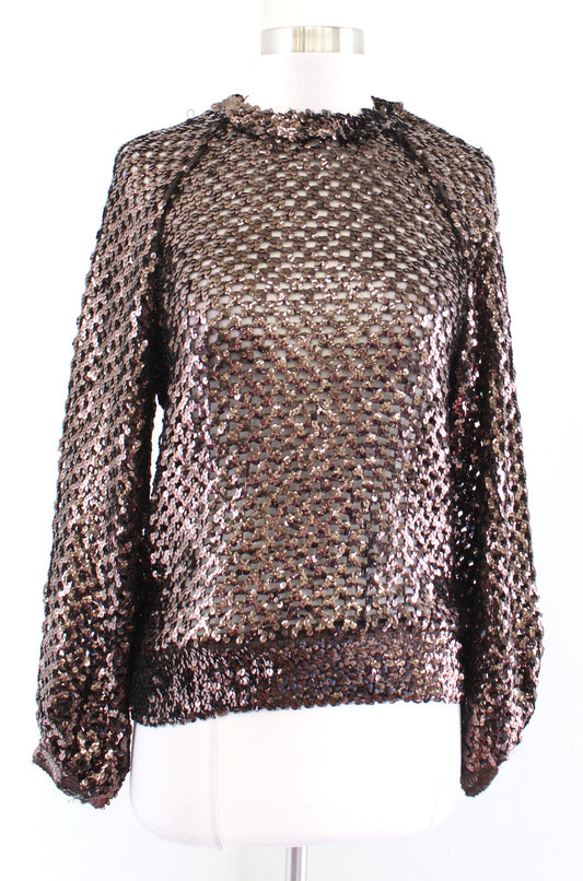 Vtg 70s 80s Partique Brown Sequin Open Netted Knit Smocked Party Top Blouse Sz 8 Long Sleeve