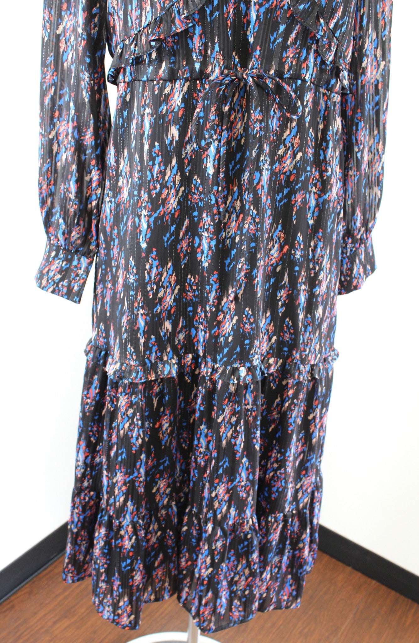 Jade Melody Tam Black Blue Metallic Ruffle V Neck Midi Maxi Dress Sz XS Printed