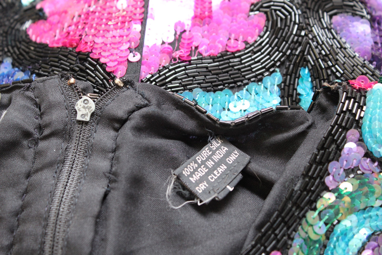 Vtg 90s Colorful Color Block Silk Beaded Sequin Cocktail Party Dress Size M ?