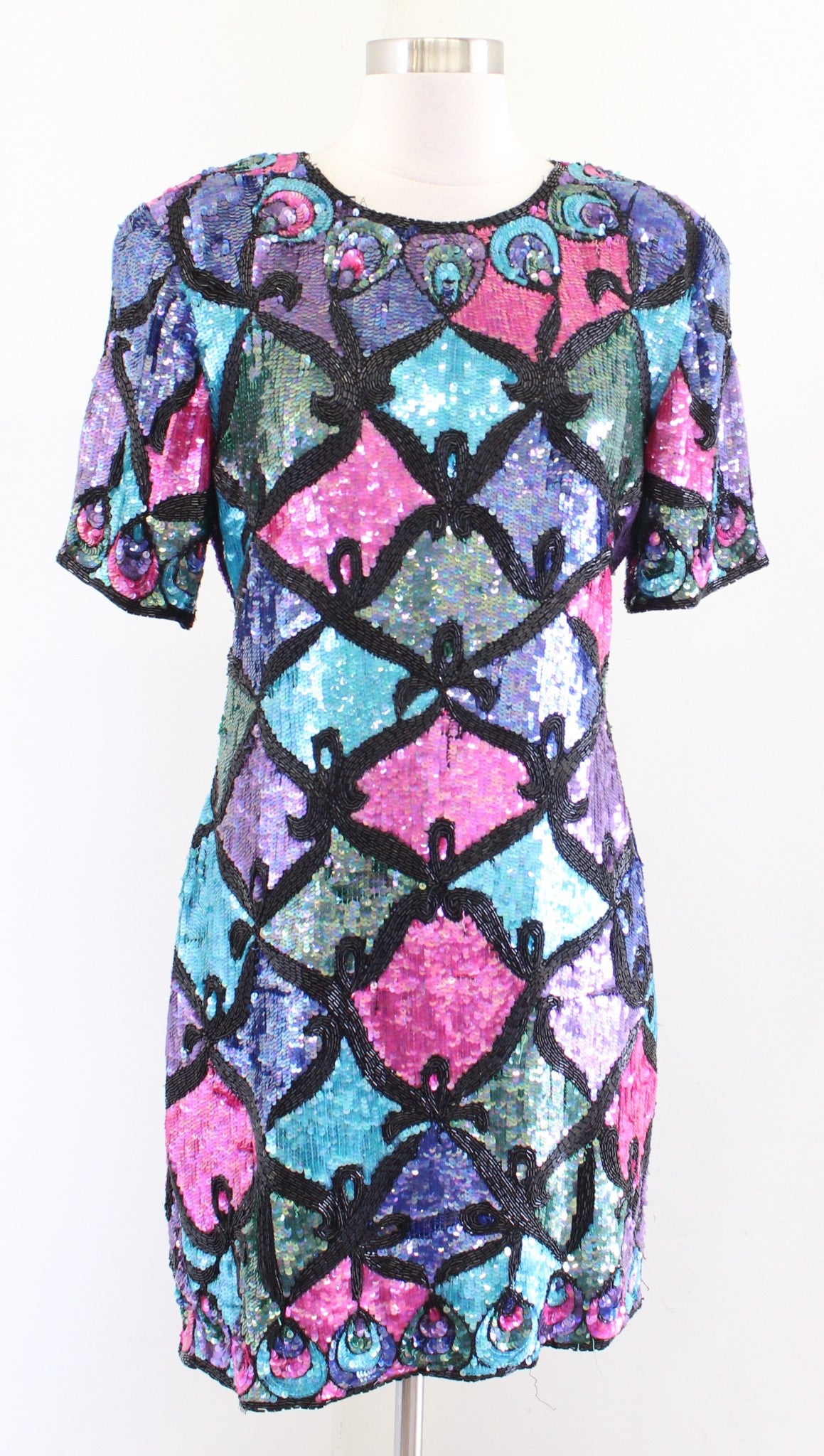 Vtg 90s Colorful Color Block Silk Beaded Sequin Cocktail Party Dress Size M ?