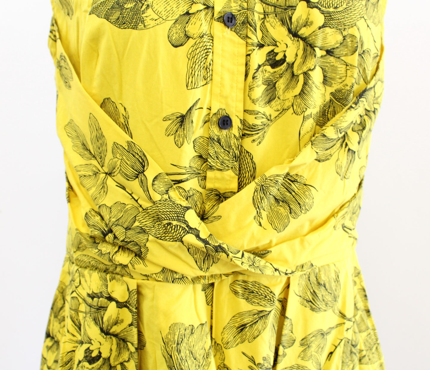 Lela Rose Yellow Black Floral Print Fit and Flare Shirt Dress Size 8 Ruched