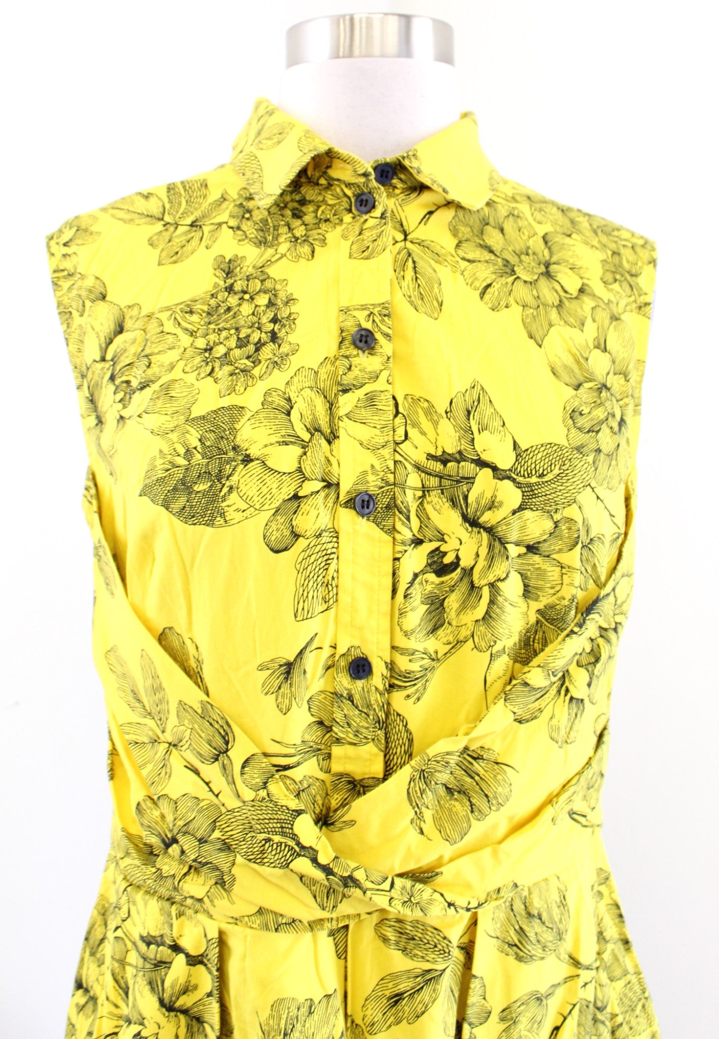 Lela Rose Yellow Black Floral Print Fit and Flare Shirt Dress Size 8 Ruched