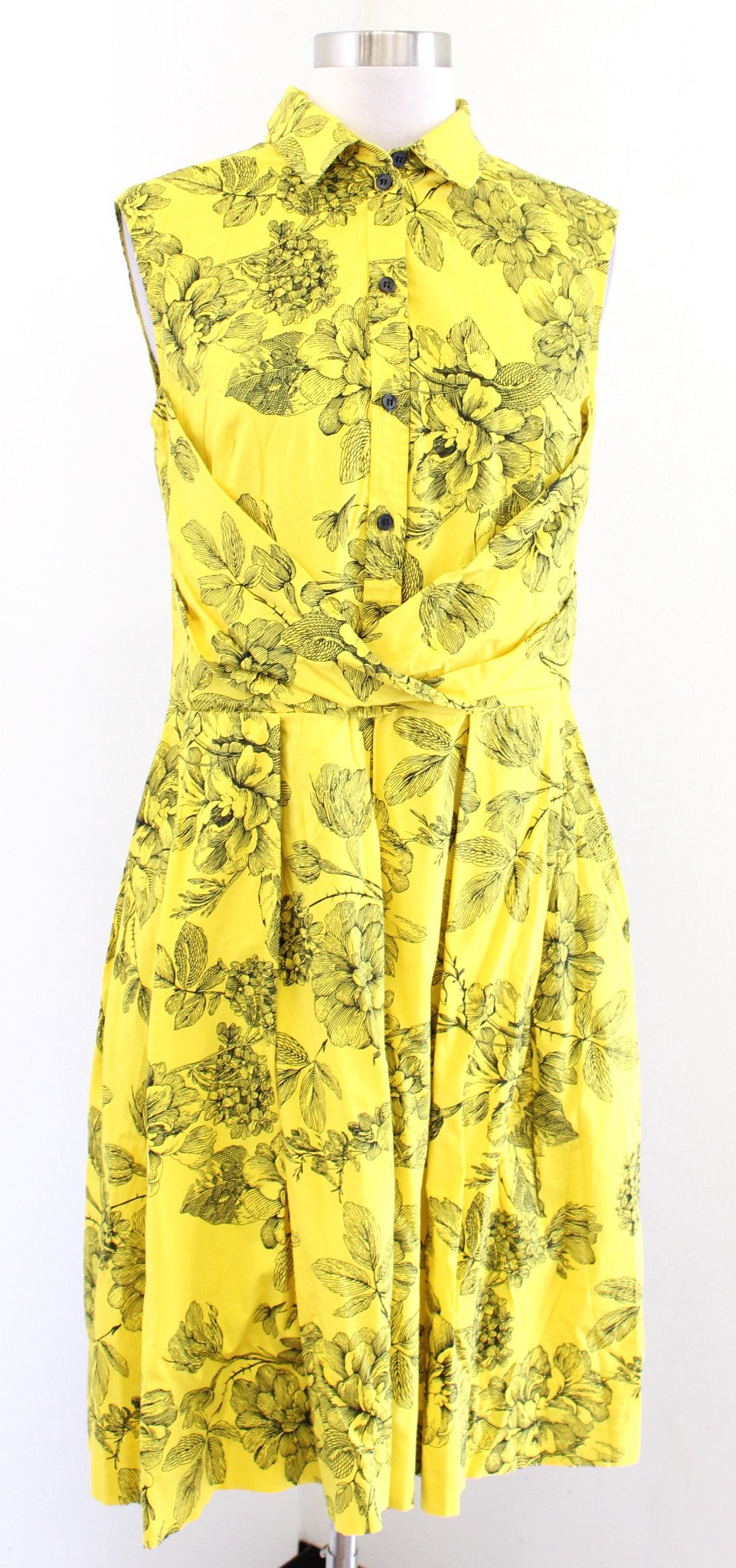 Lela Rose Yellow Black Floral Print Fit and Flare Shirt Dress Size 8 Ruched