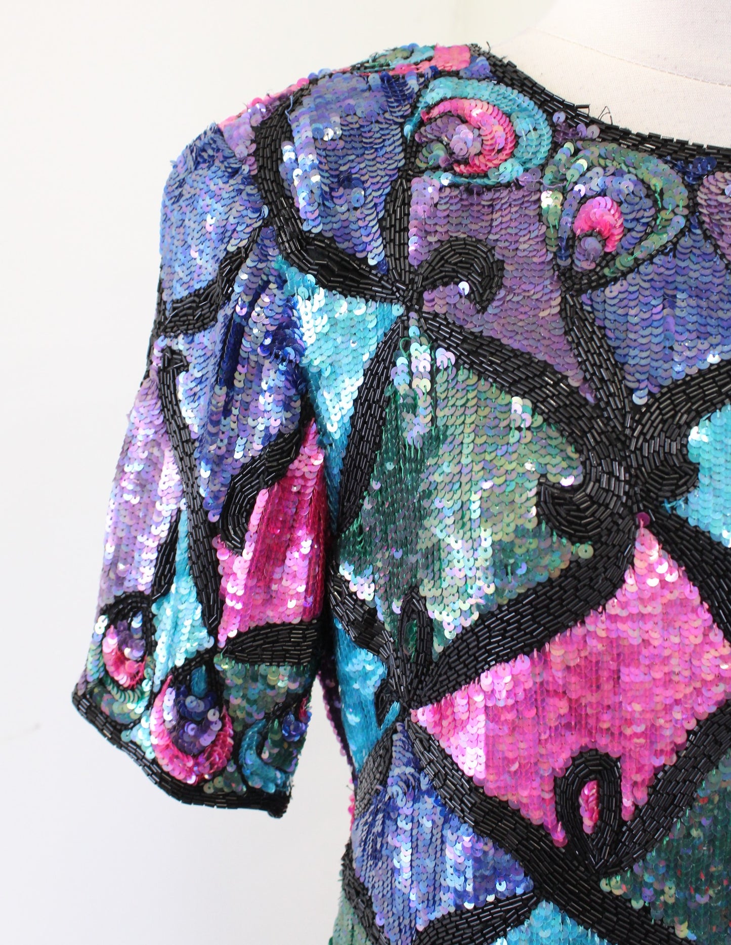 Vtg 90s Colorful Color Block Silk Beaded Sequin Cocktail Party Dress Size M ?