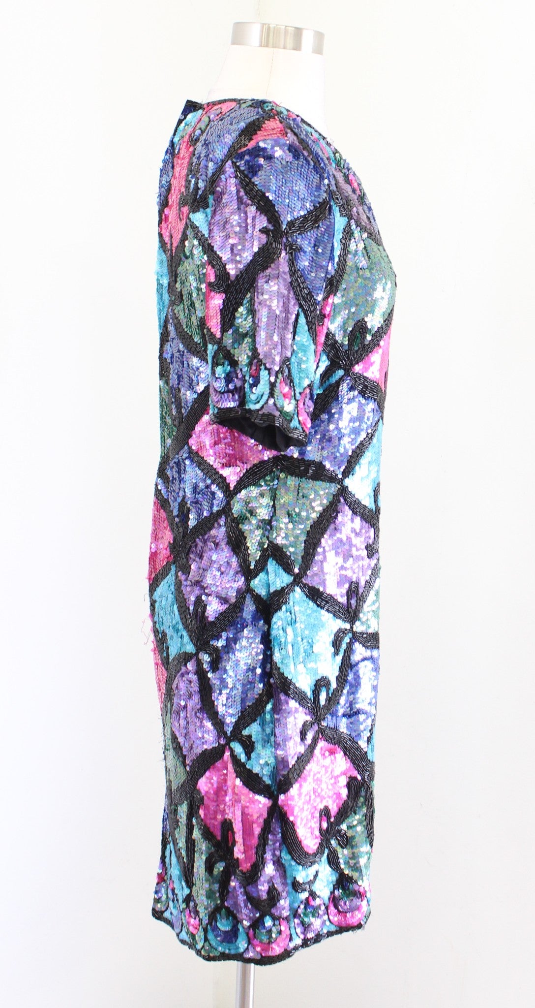 Vtg 90s Colorful Color Block Silk Beaded Sequin Cocktail Party Dress Size M ?