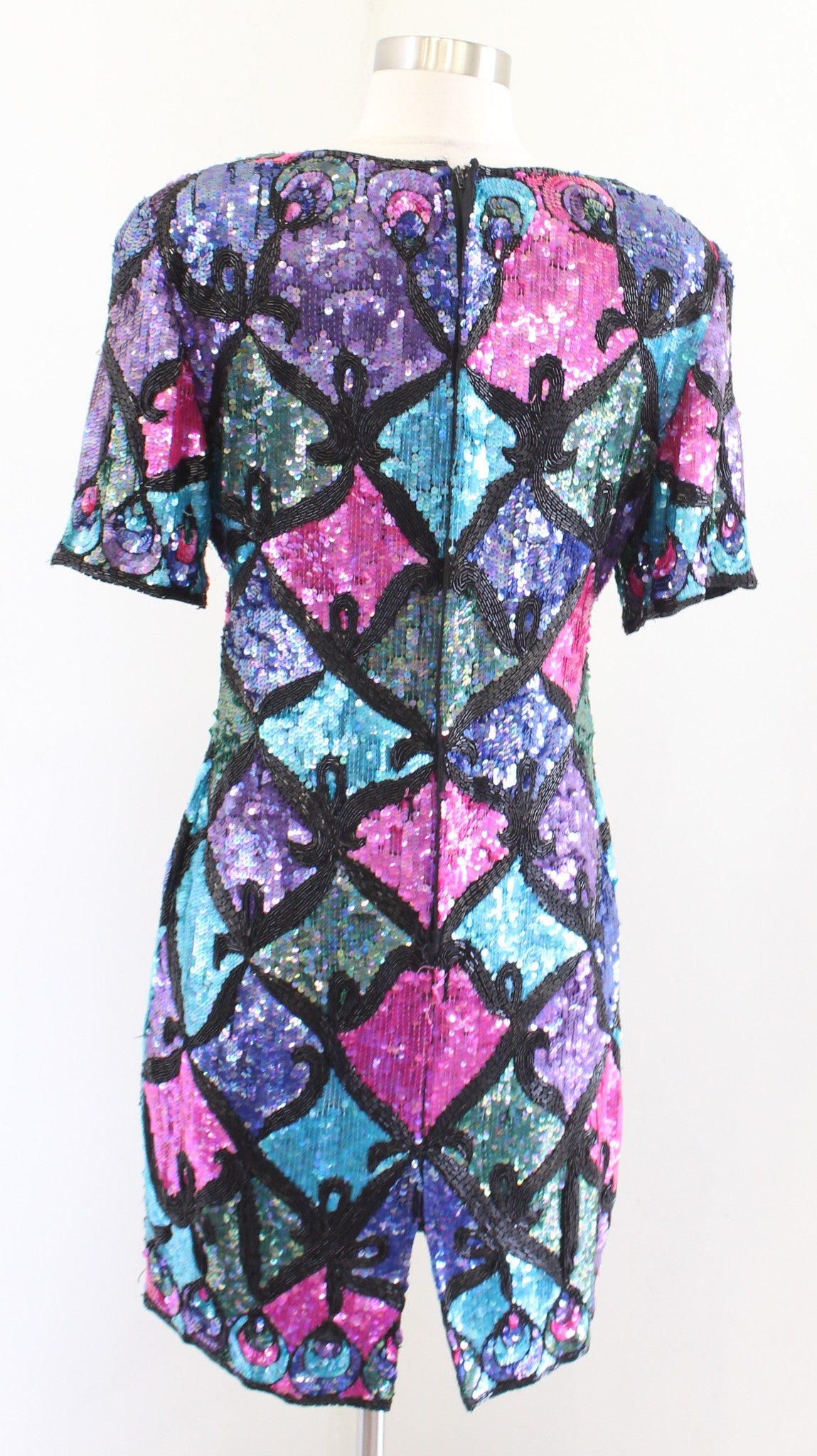 Vtg 90s Colorful Color Block Silk Beaded Sequin Cocktail Party Dress Size M ?