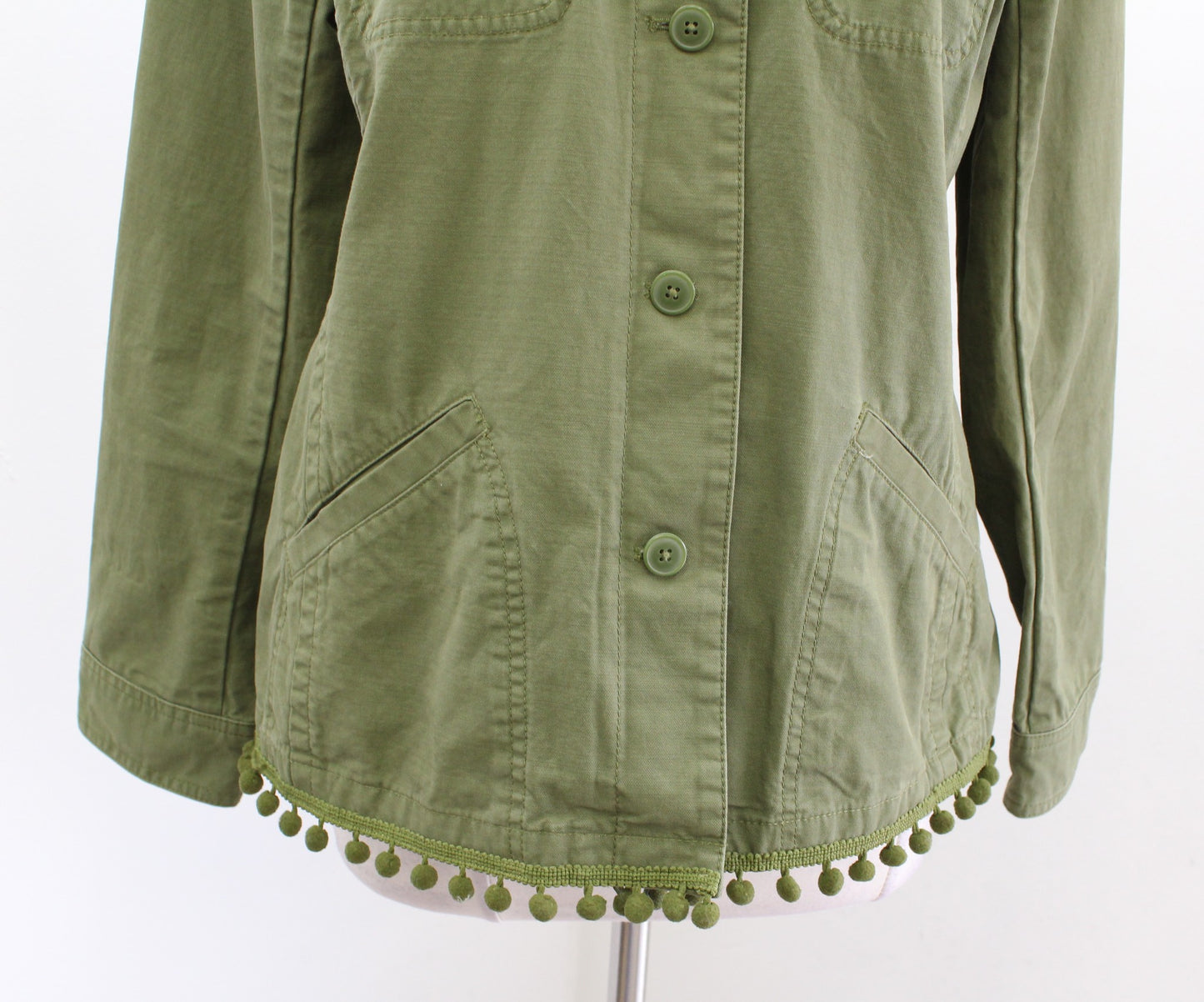 Talbots Womens Moss Army Green Pompom Trim Button Front Utility Jacket Size M