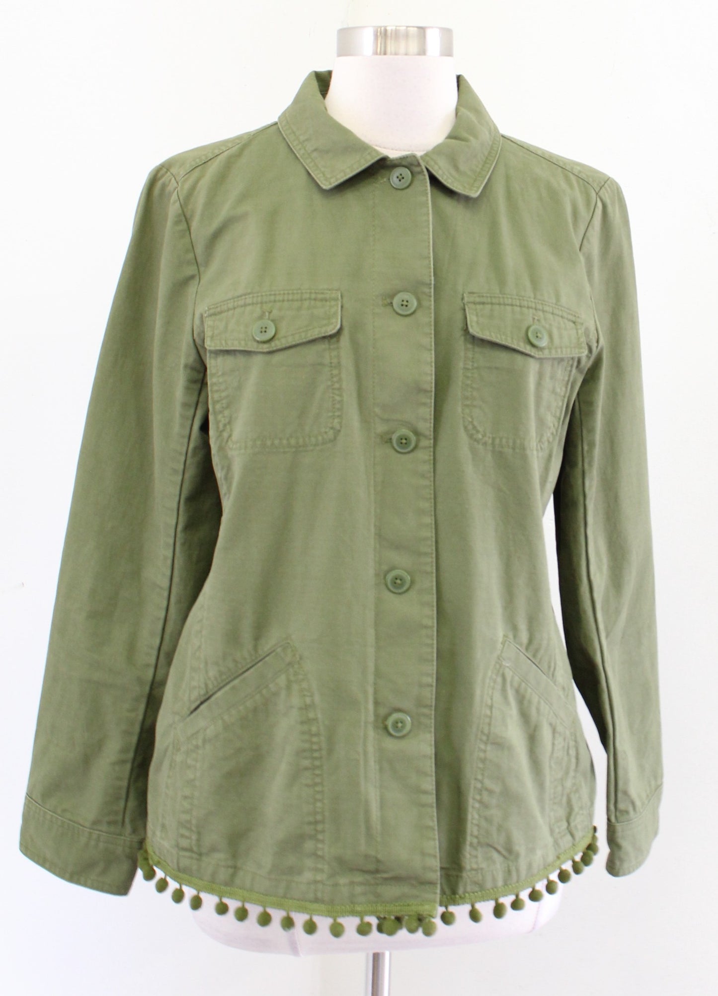 Talbots Womens Moss Army Green Pompom Trim Button Front Utility Jacket Size M
